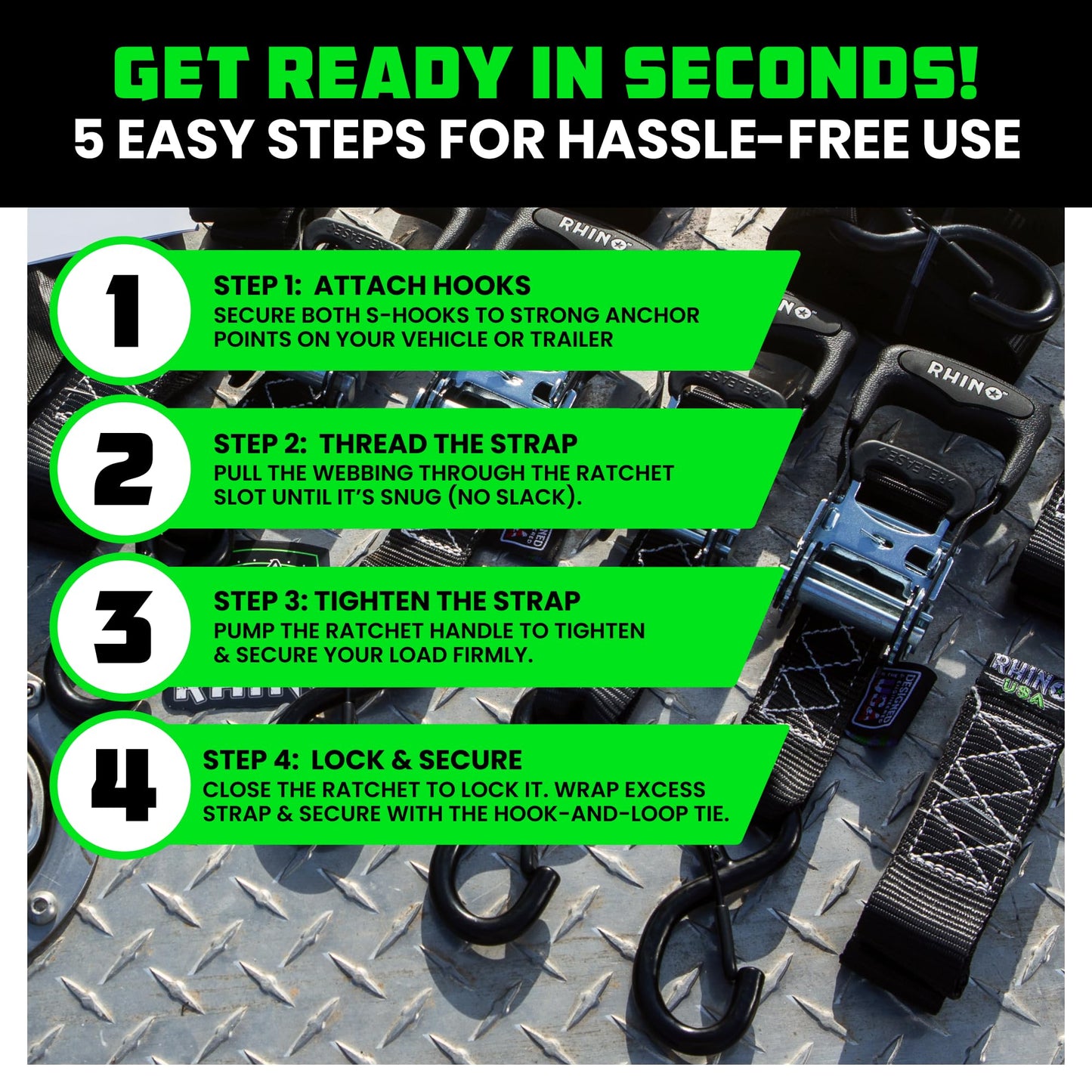 Rhino USA Ratchet Straps Heavy Duty Kit (2-Pack) - 1.6 Inch x 8 Feet (5,208lb Break Strength) - Ultimate Tie Down Straps with Safety S Hooks for Trucks, ATV, UTV, Motorcycle, Cargo & More - Black