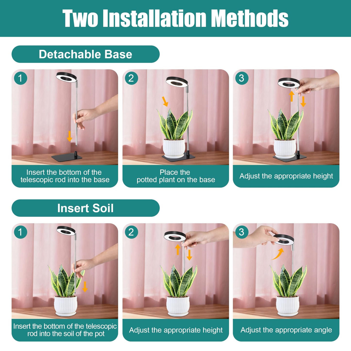 Plant Light for Indoor Plants, 48 LEDs Full Spectrum Growing Lamp, Height Adjustable Stand with Base, 3/9/12H Timer, 10 Brightness Levels, Black, 3 Pack