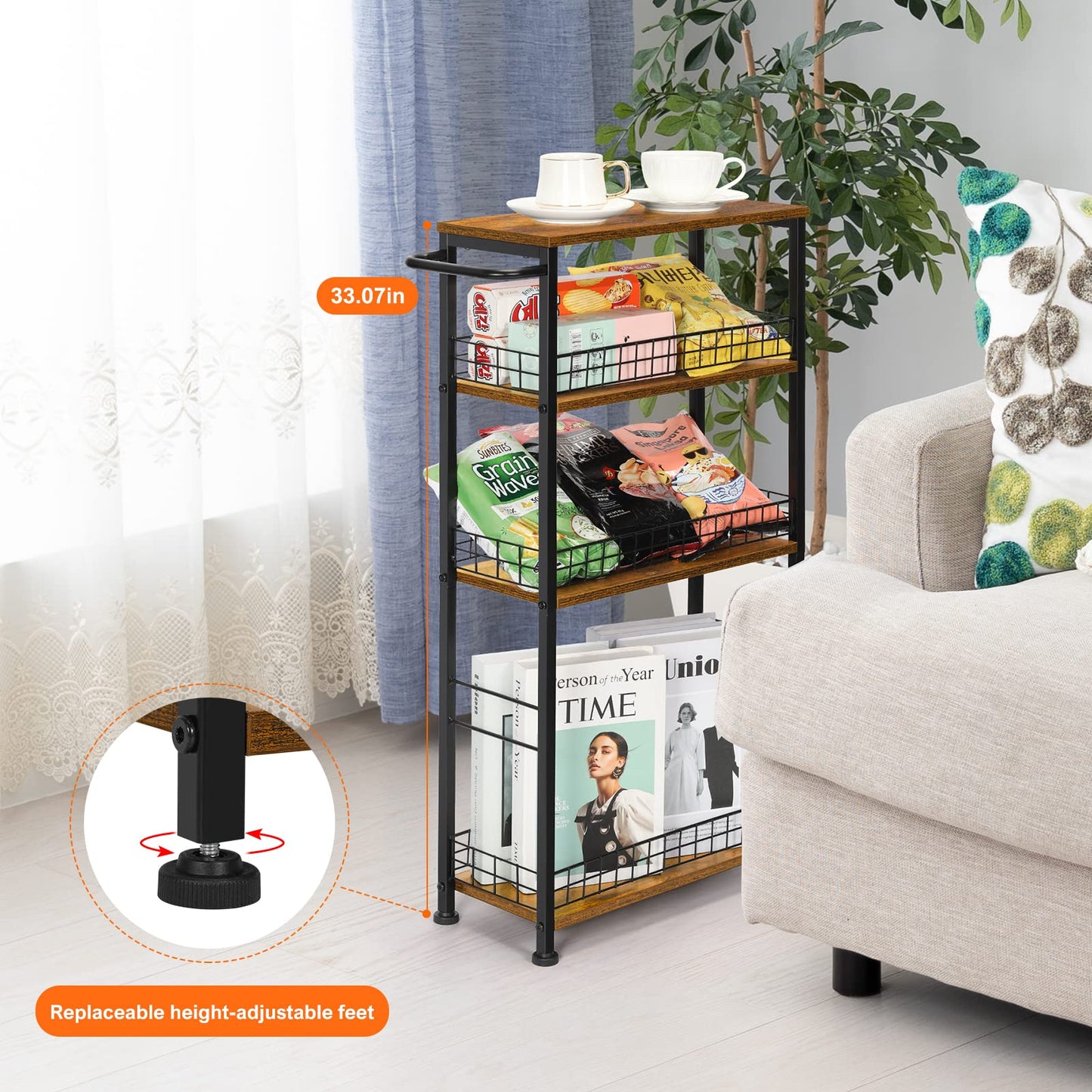YBING 4 Tier Slim Kitchen Storage Cart with Wheels, Rustic Brown, 31D x 46W x 60H cm