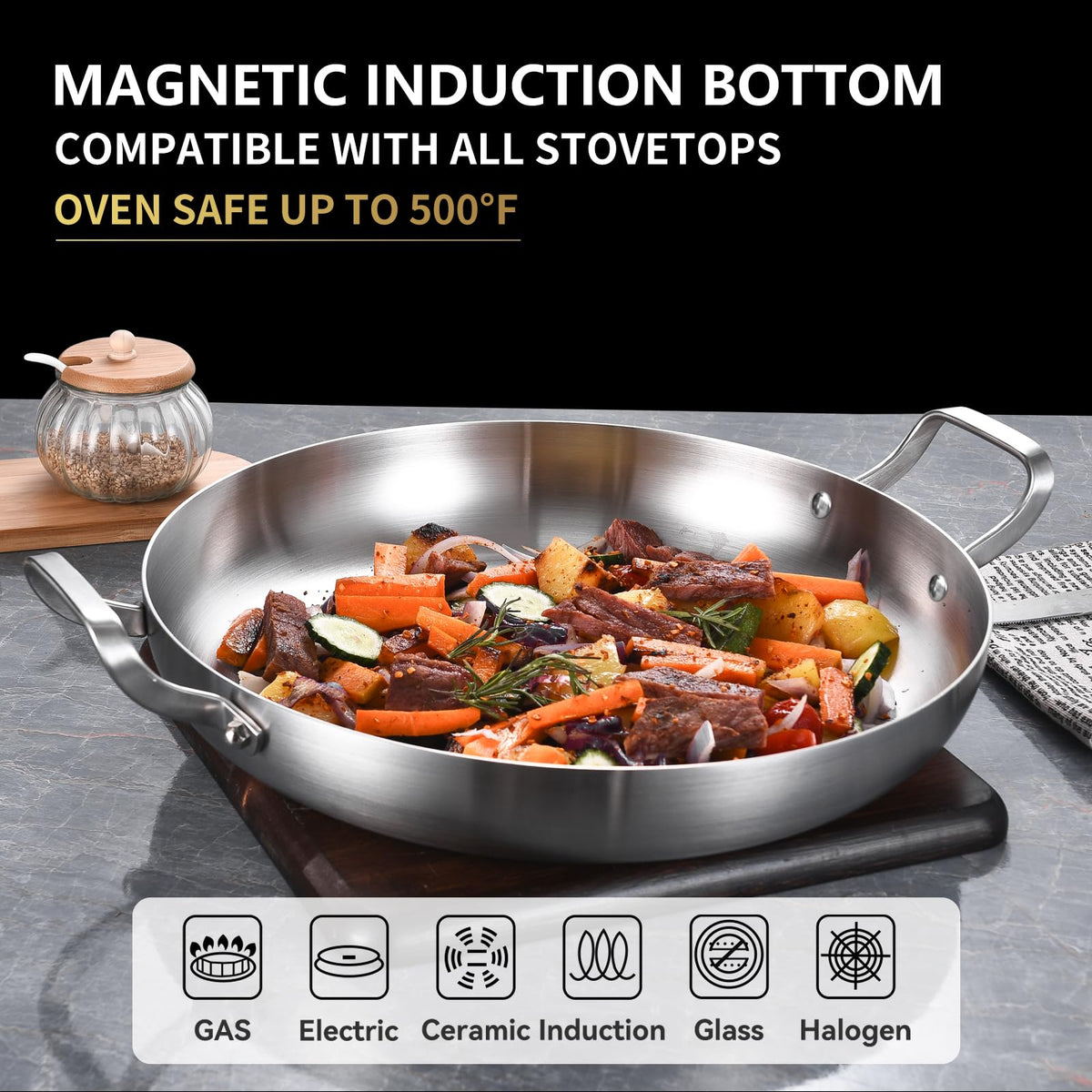 Inqibee 12-Inch Tri-Ply Stainless Steel Paella Pan with Lid, Large Skillet,Saute Pan with Lid,Frying Pan,Induction pan,Dishwasher and Oven Safe.