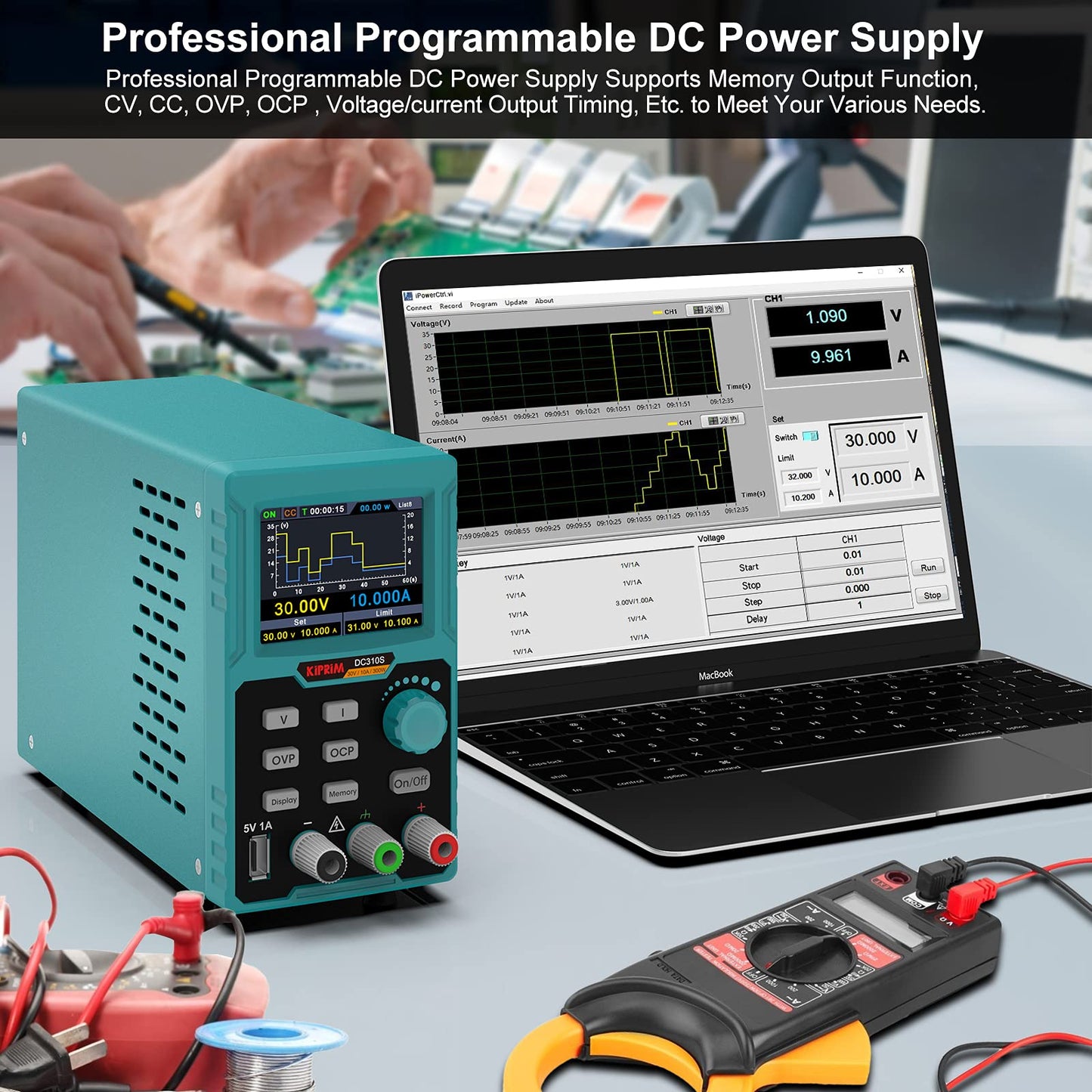 Programmable DC Power Supply (0-30 V 0-10 A) 110V Input High Precision 4-Digit Multiple Protection with PC Software and USB Charging (Professional 30V 10A)