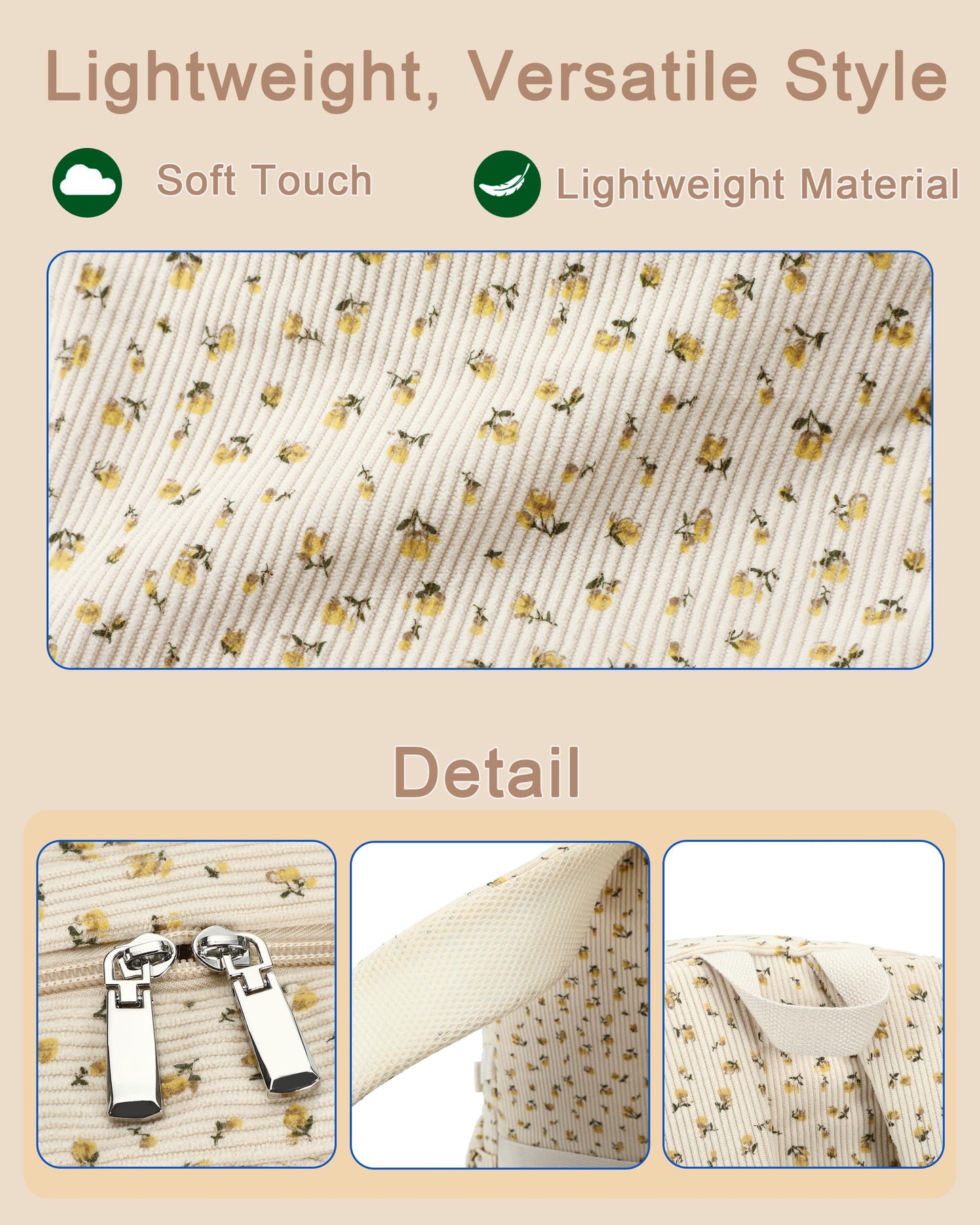 School Laptop Backpack for Teens Girls Women College Backpacks Corduroy Bag Students Bookbag Anti Theft Travel Daypack (Beige Floral)