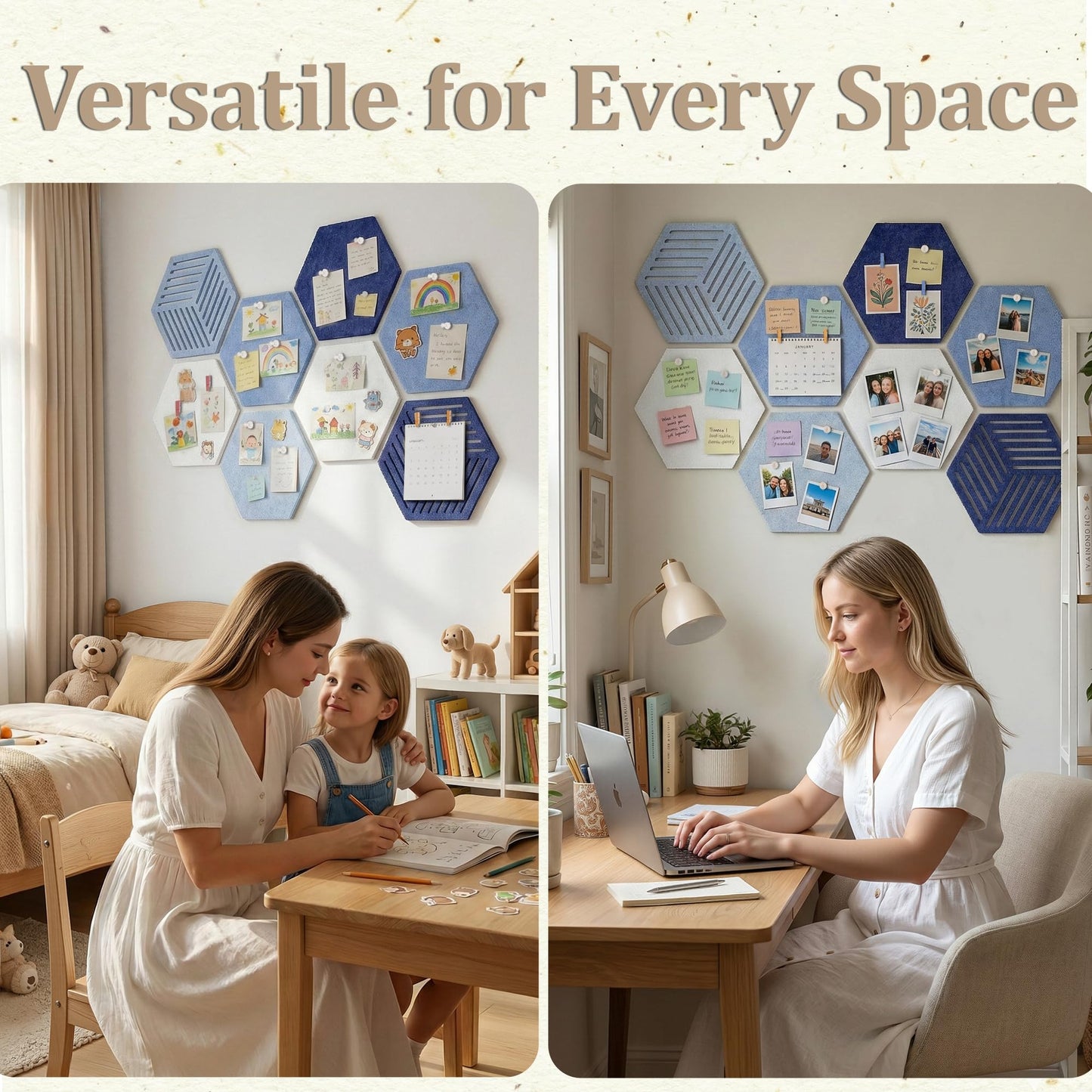 Hexagon Large Felt Bulletin Board Tiles - Cork Board Alternative for Wall 8 Pack Pin Board with 40 Push Pins, DIY Decor for Office Home Classroom Photos Memos
