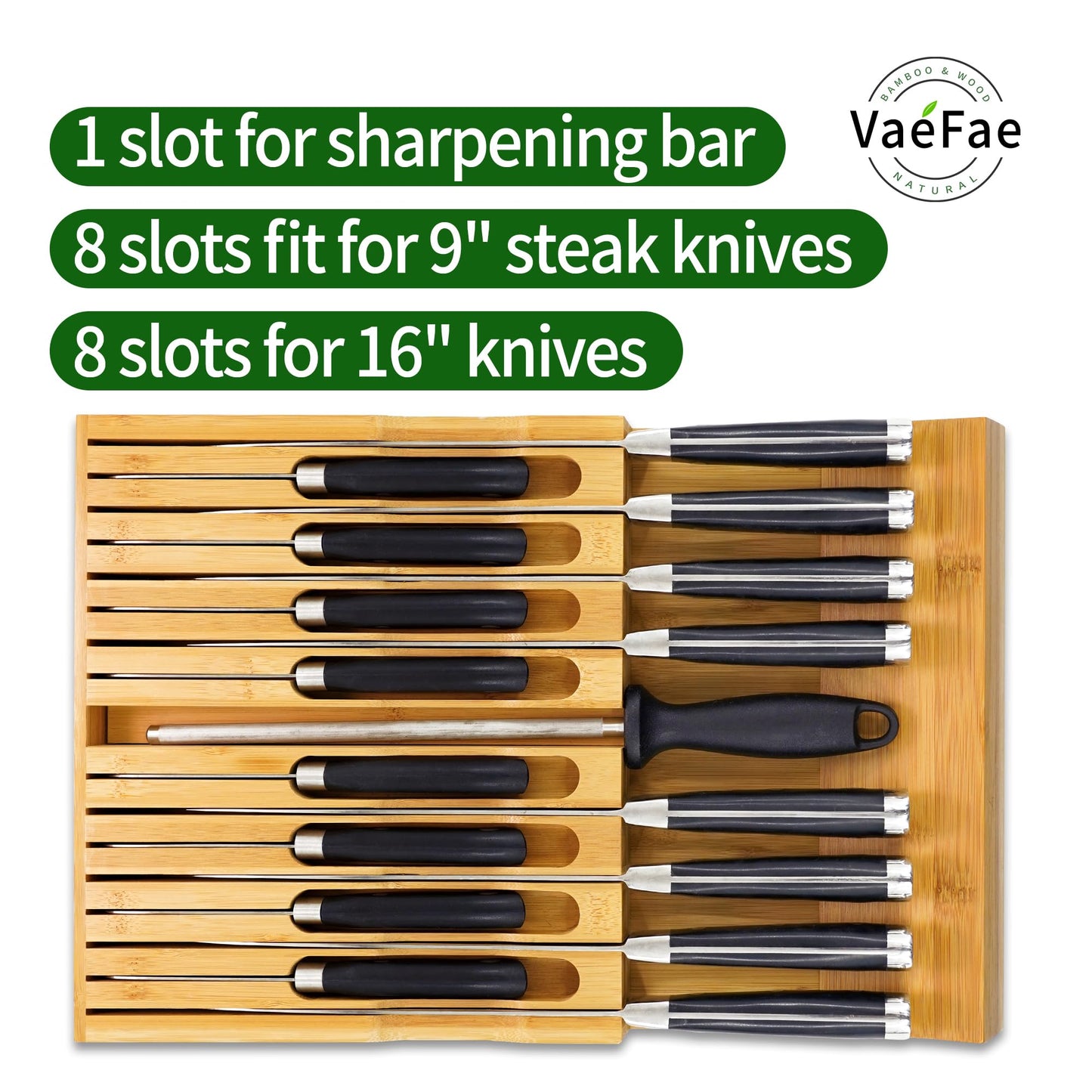 VaeFae Bamboo Knife Drawer Organizer, Knife Drawer Organizer Insert, Kitchen Drawer Knife Block for 16 Knives and a Plus Slot for Your Knife Sharpener (Without Knives)