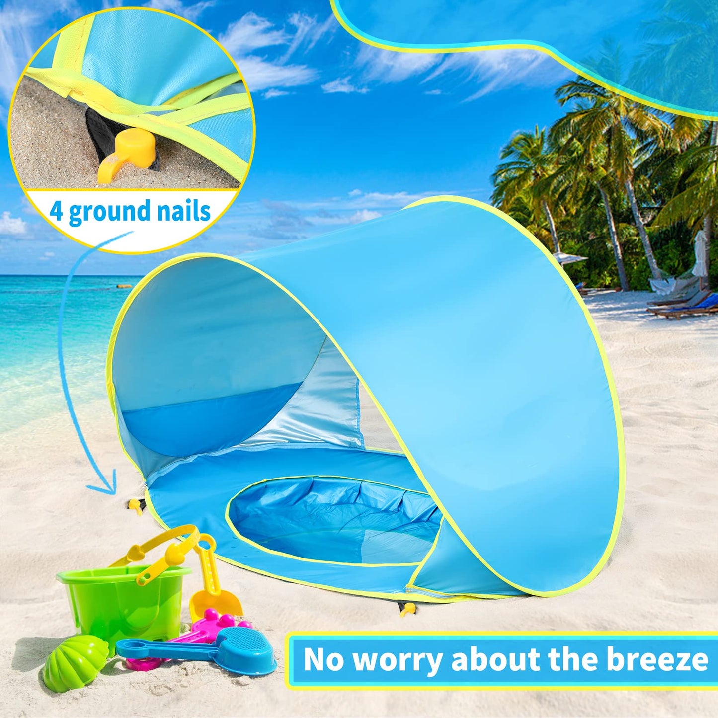 Baby Beach Tent Pop Up Shade with Infant Pool Cabana UV Protection Waterproof Sun Shelter Umbrella for Baby (Blue)