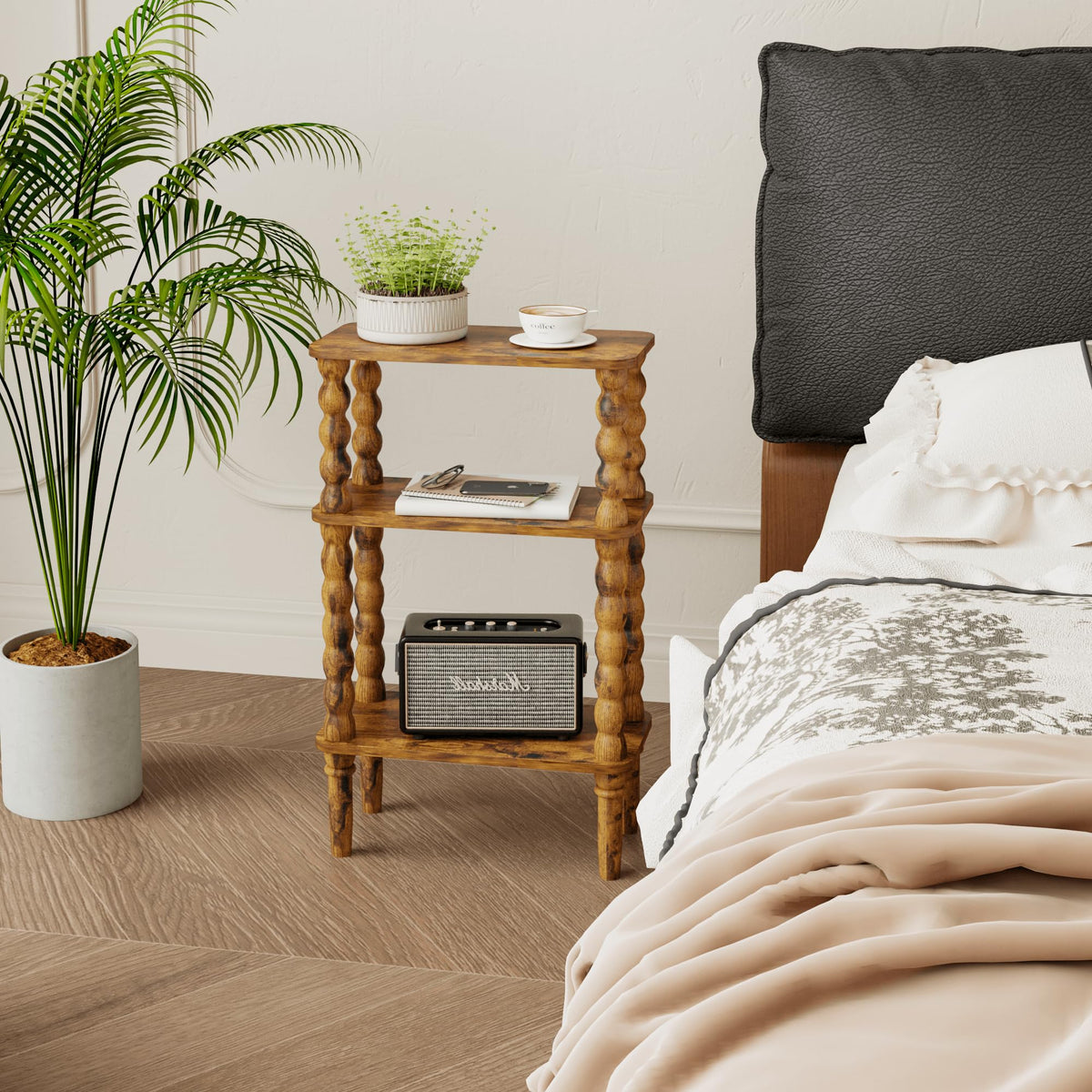 Veegle Side Table, Small End Table with Storage Shelf, 3-Tier Small Coffee Tables for Living Room Bedroom Narrow Spaces(Rustic Brown)
