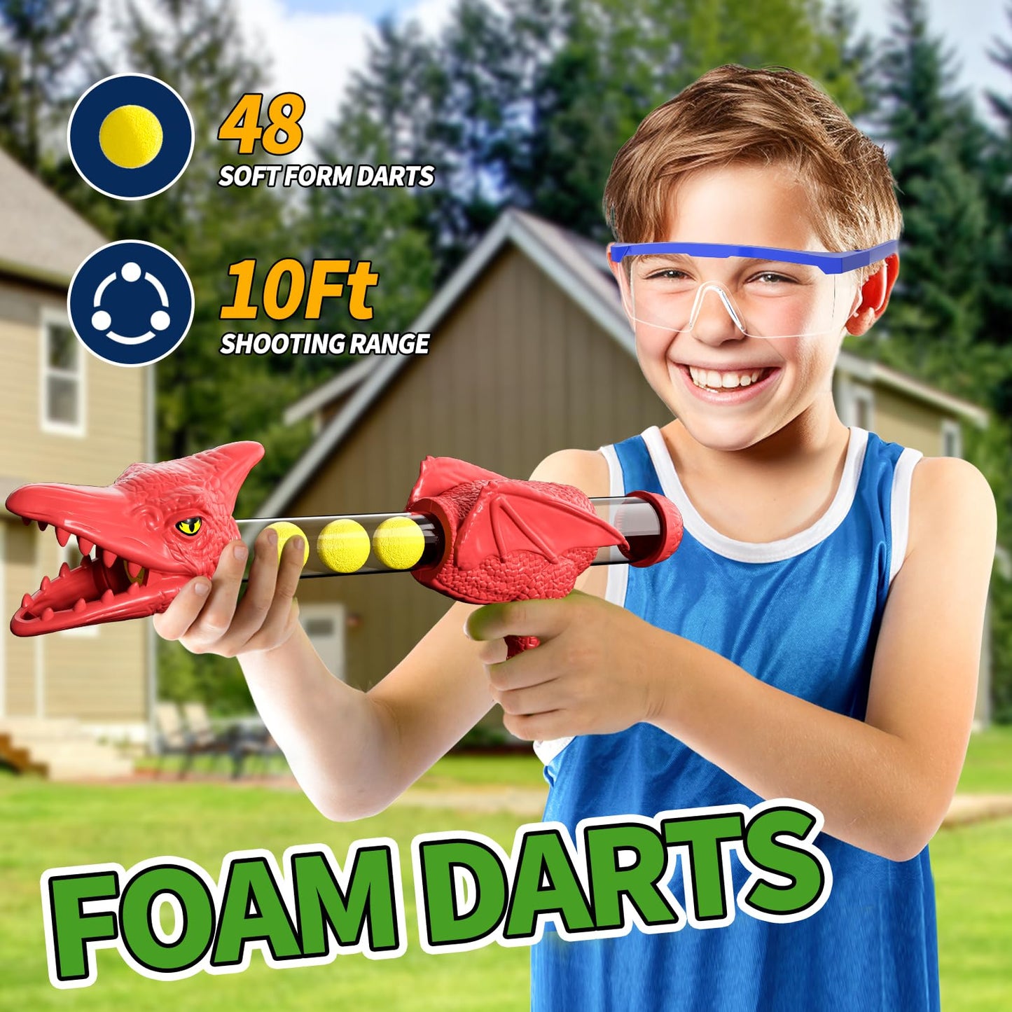 BLmukce Dinosaur Movable Shooting Toys for Kids, 2 Air Pump Launchers, Electronic Kids Target Games, LCD Score Record, Light & Sound, 48 Foam Balls, Competition Game Gift for Boys 3-5 Years Old