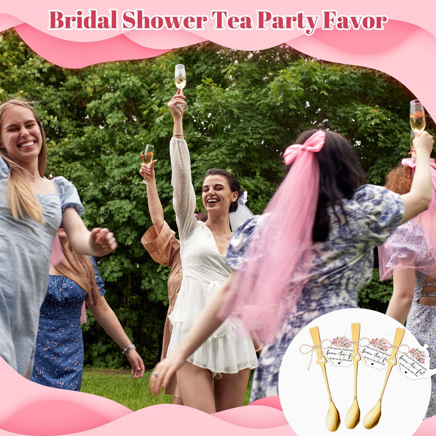 Skybooly 50 Sets Bridal Shower Tea Party Favors for Guests Mini Coffee Spoons Small Spoons Heart Spoon with Teapot Idea Thank You Cards and Hemp Rope Wedding Souvenirs Tea Party Supplies