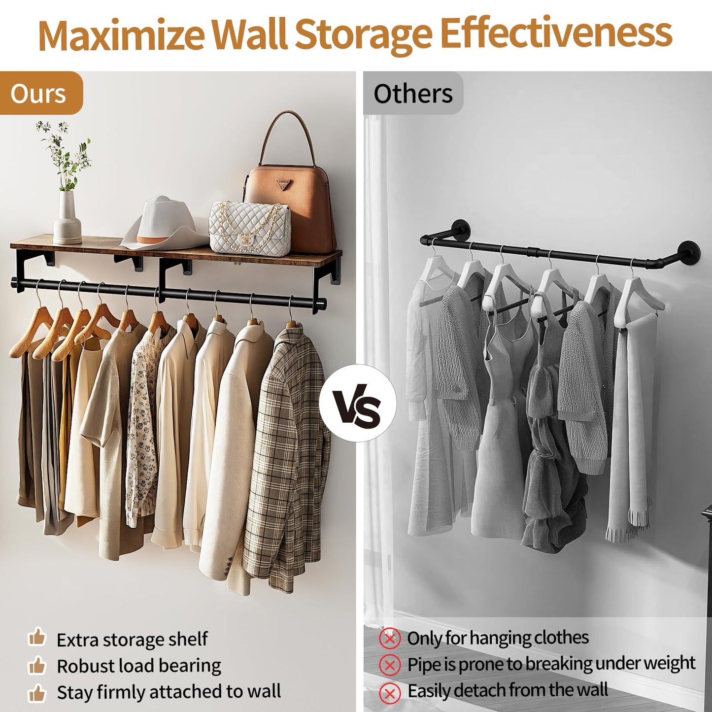 Luxspire Clothes Rack Wall Mounted, 43.3inch Clothing Racks with Top Shelf for Hanging Clothes, Heavy Duty Industrial Pipe Garment Rack, Laundry Room Shelves Closet Storage, Large, Black + Brown