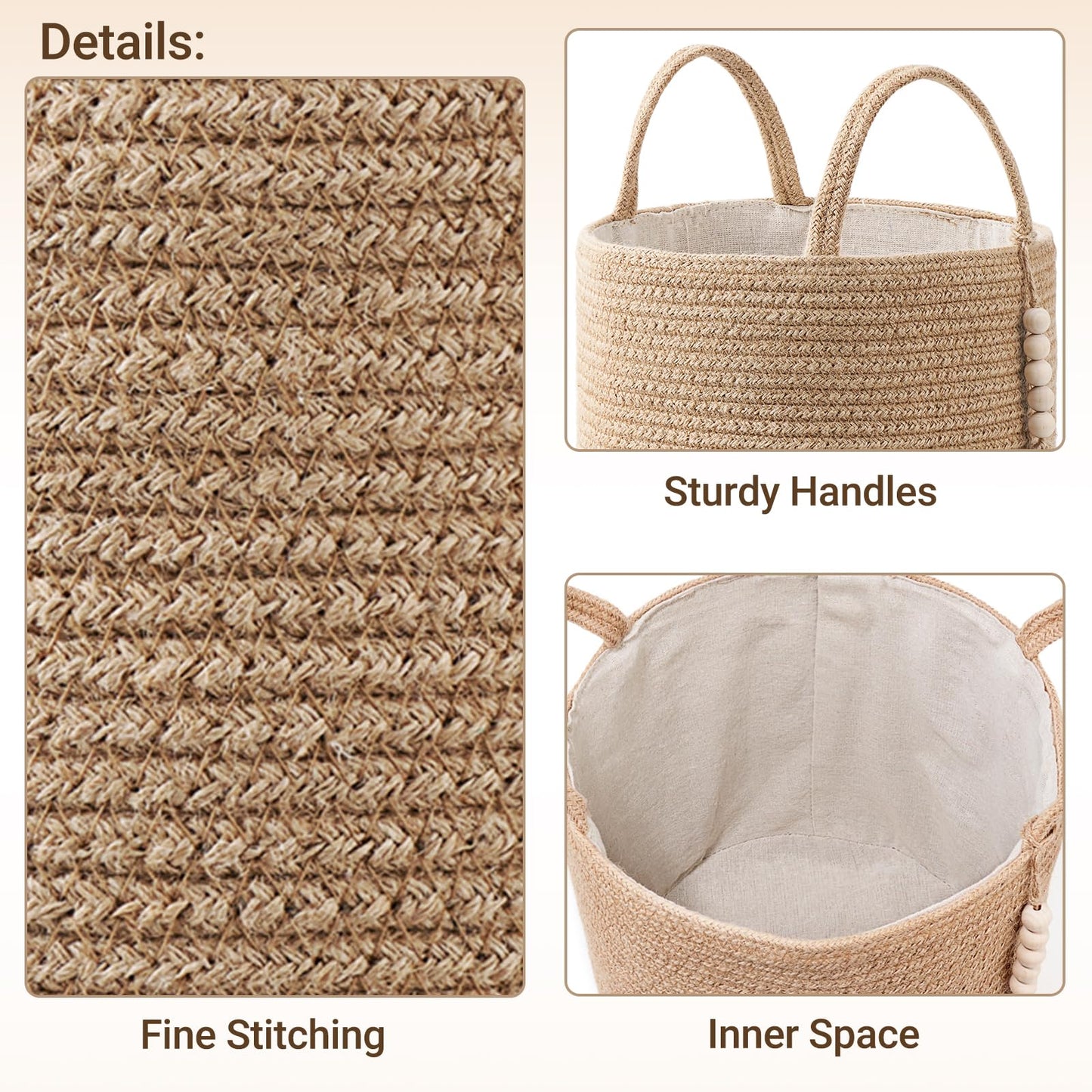 Mkono Woven Storage Basket Decorative Natural Rope Basket Wooden Bead Decoration for Blankets,Toys,Clothes,Shoes,Plant Organizer Bin with Handles Living Room Home Decor, Jute, 16" W × 13.8" L