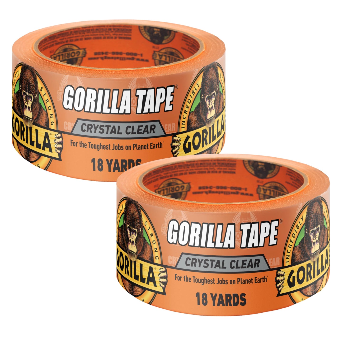 Gorilla Crystal Clear Tape, Duct, Utility, Non-Yellowing, Heavy Duty, Extra Thick Adhesive, Flexible, UV Temperature Resistant, 1.88 in x 18 yd, (Pack of 2)