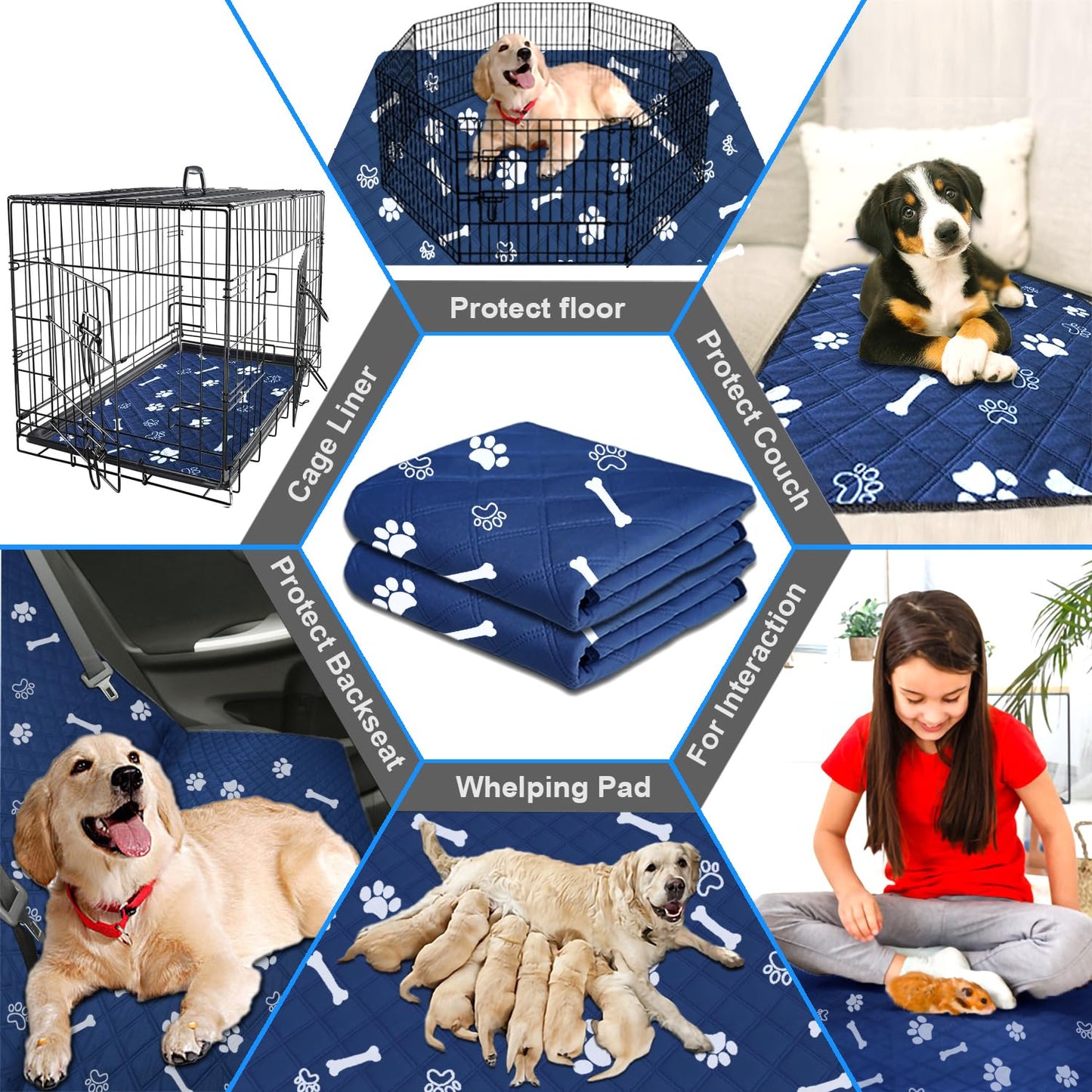 RIOUSSI Washable Pee Pads for Dogs, Reusable, Absorbent, Leakproof, Non Slip Pet Puppy Pads for Potty Training. Blue, 18x24 Inch(8pack)
