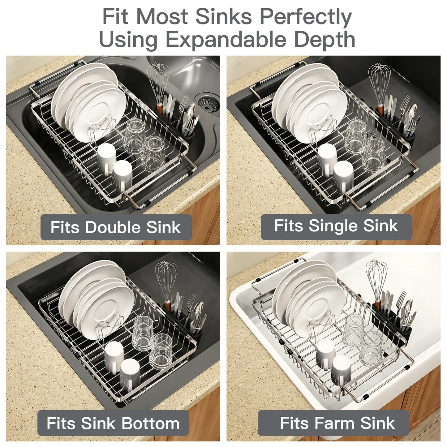 MAJALiS Dish Drying Rack in Sink, Expandable Stainless Steel Over Sink Dish Rack, Adjustable Capacity Dish Strainers for Kitchen Sink Counter with Utensil Holder, Silver