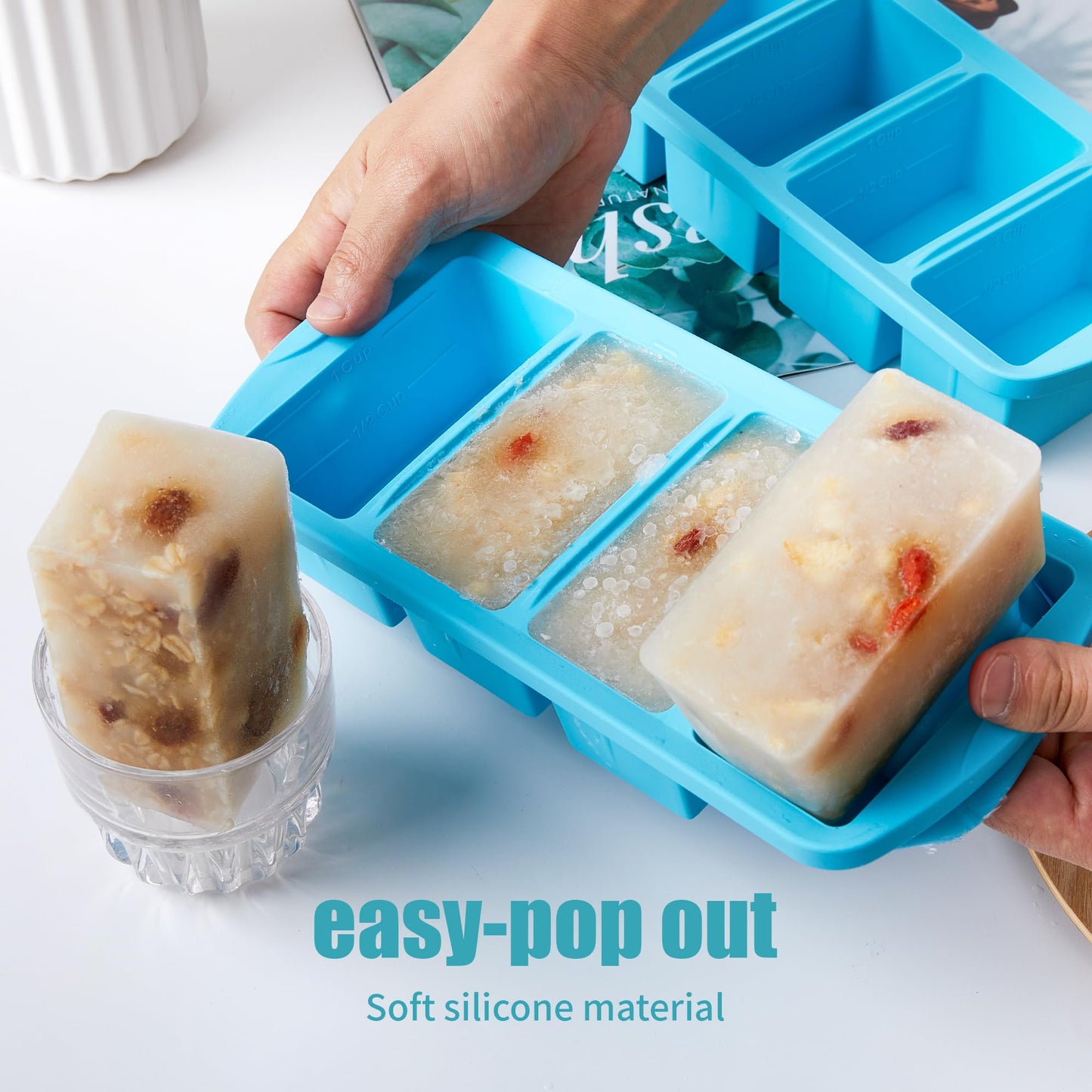 WENQING Silicone Freezer Tray with Lid 2 Pack Silicone Freezer Molds - Large Ice Cube Tray - Makes 8 Perfect 1 Cup Portions Soup Cubes Meal Prep Containers- Oven & Dishwasher Safe