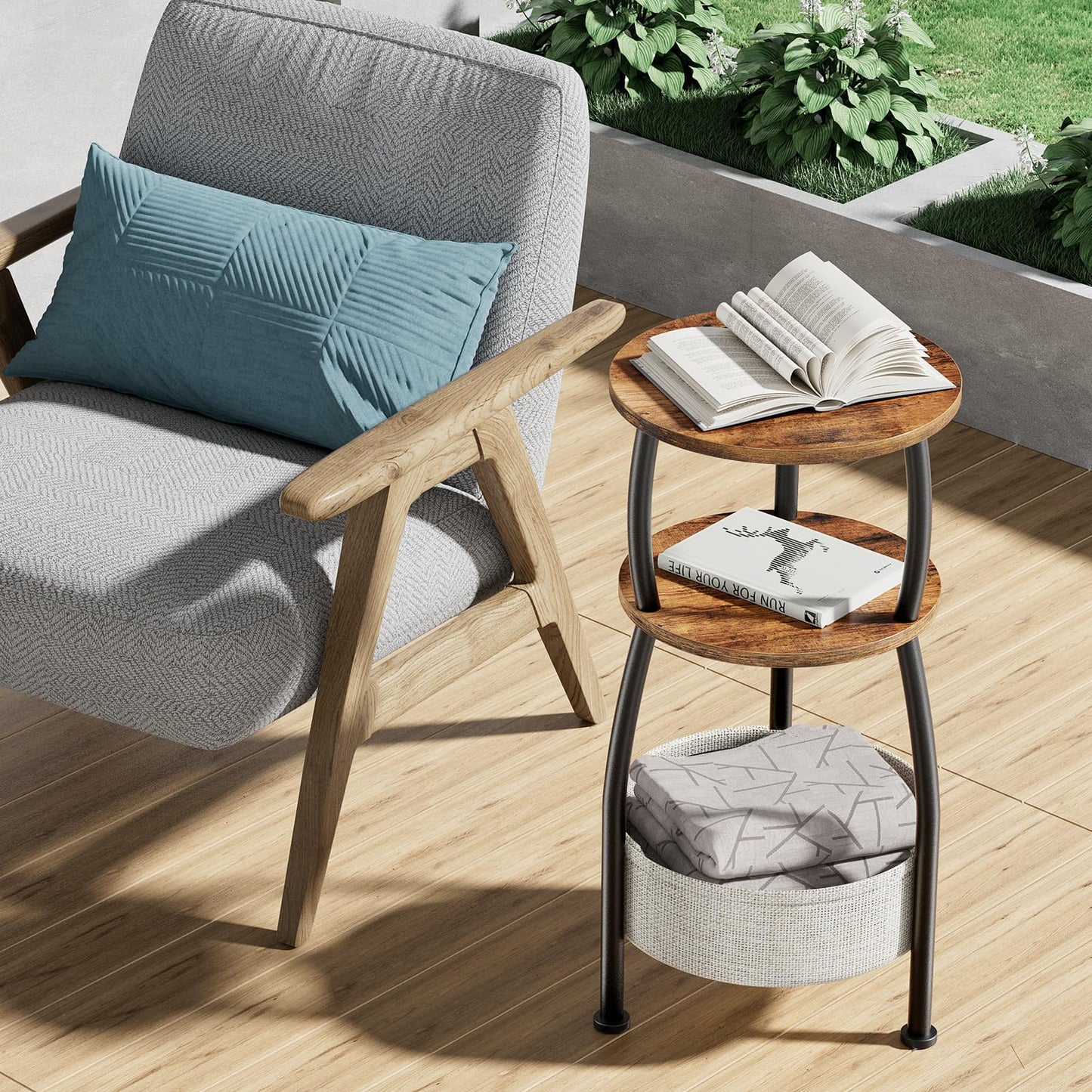 Yuede Side Table Living Room with Storage Basket, Round End Table 3-Tier Accent Nightstand Sofa Corner Table for Small Spaces, Bedroom, Narrow Spaces Coffee Table Rustic Brown
