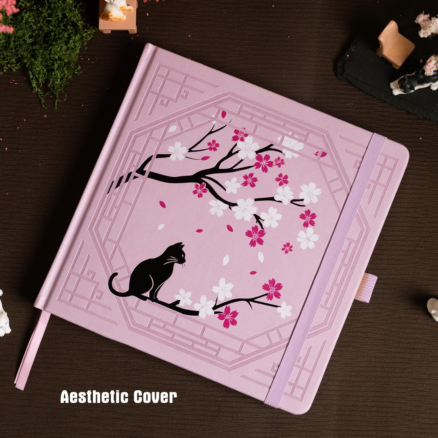 TIEFOSSI Square Dotted Journal, Cute Cat Journal for Women Girls, Dot Notebook with Pretty Sakura Pattern, Aesthetic Diary for Writing Journaling Drawing, Golden Edges, 8 x 8 IN