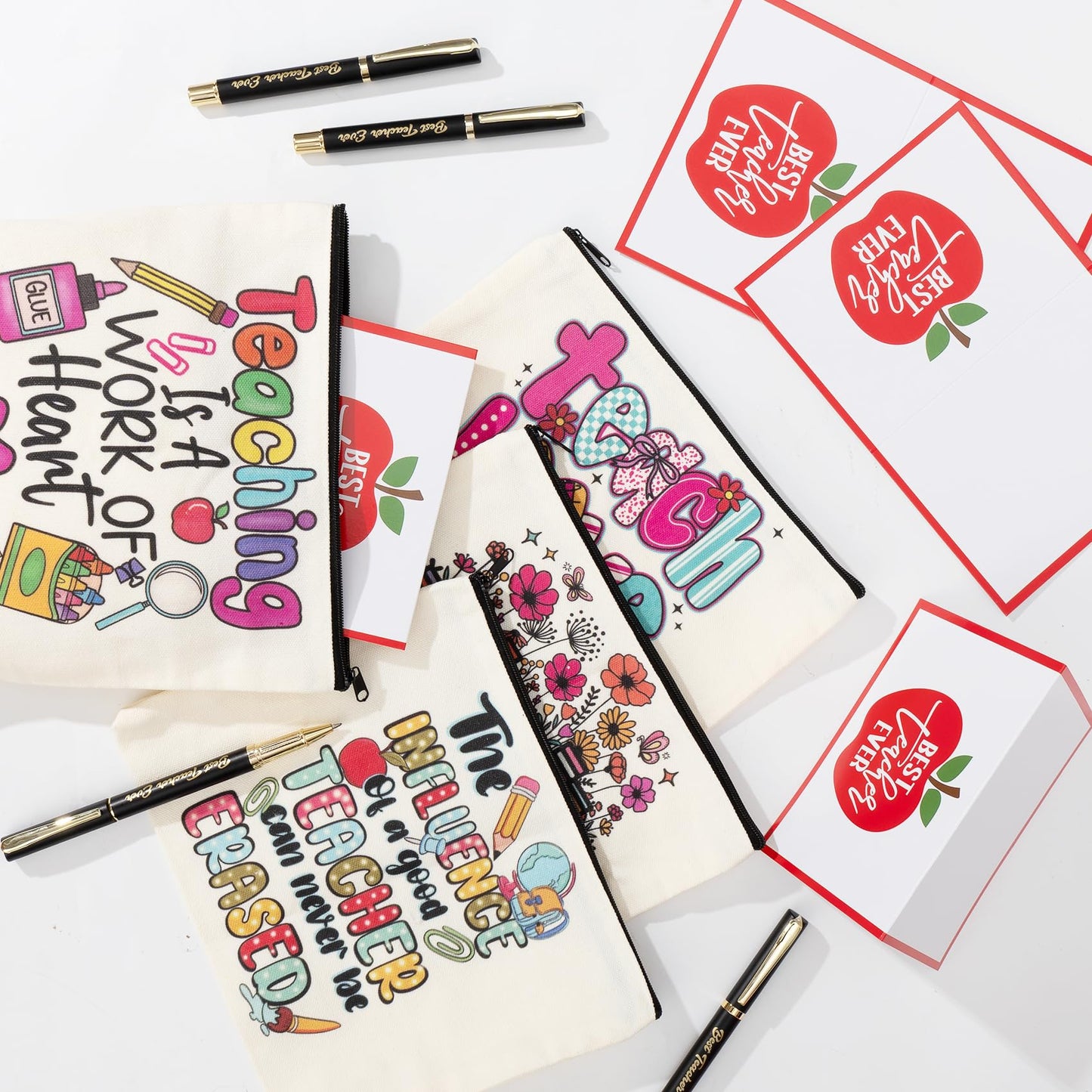 WOFIROY 16 Pieces Teacher Appreciation Gifts in Bulk 4 Set, Thank You Teacher Gifts with 4 16 Oz Glass Cup, 4 Makeup Bag, 4 Pens, 4 Greeting Cards, End of Year, Graduation, Christmas Gift for Teachers