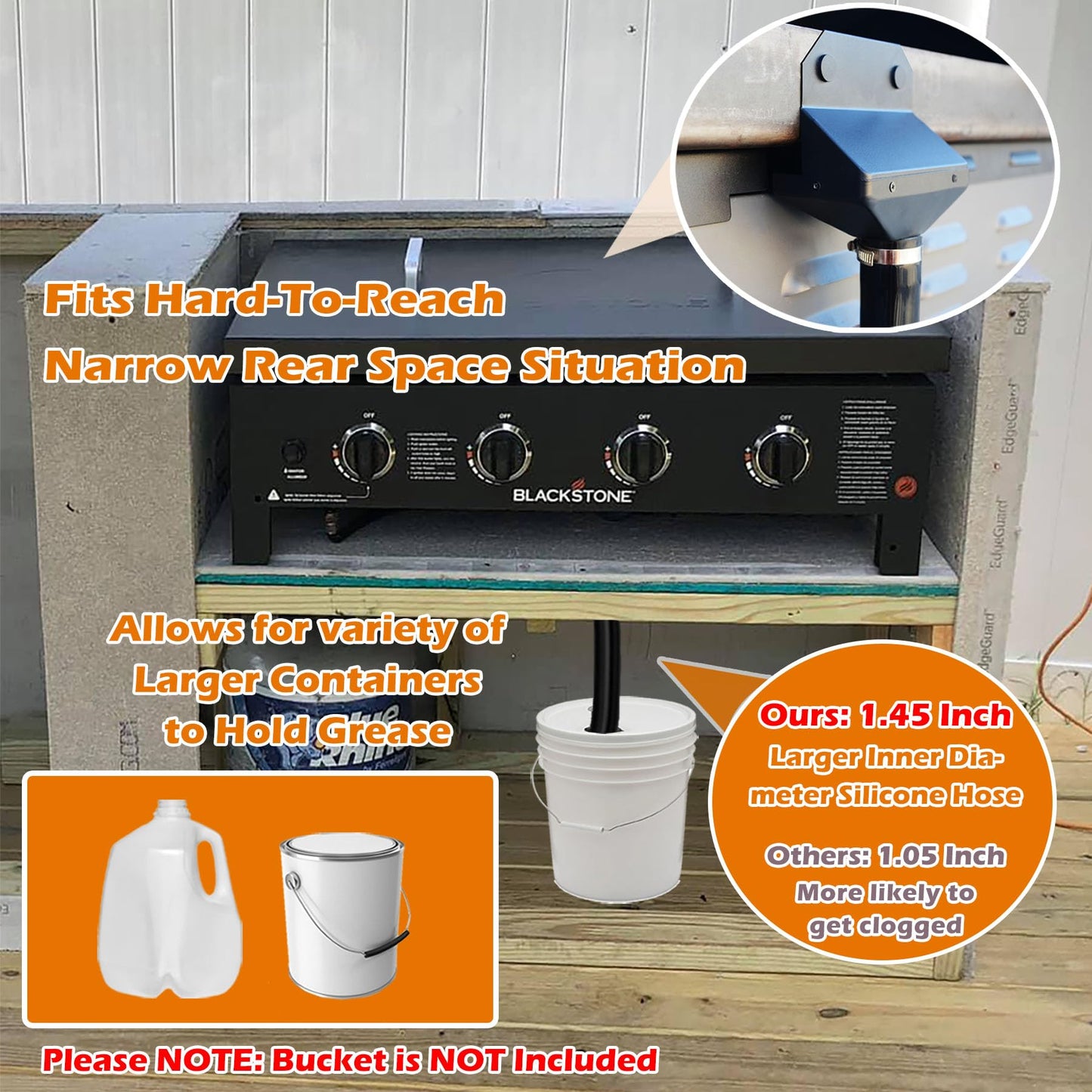 Upgraded Rear Grease Catcher for Blackstone, Enclosed Grease Trap & Grease Funnel with Removable Magnetic Grease Gate & Larger Diameter Silicone Hose, No Clogging, Blackstone Griddle Accessories