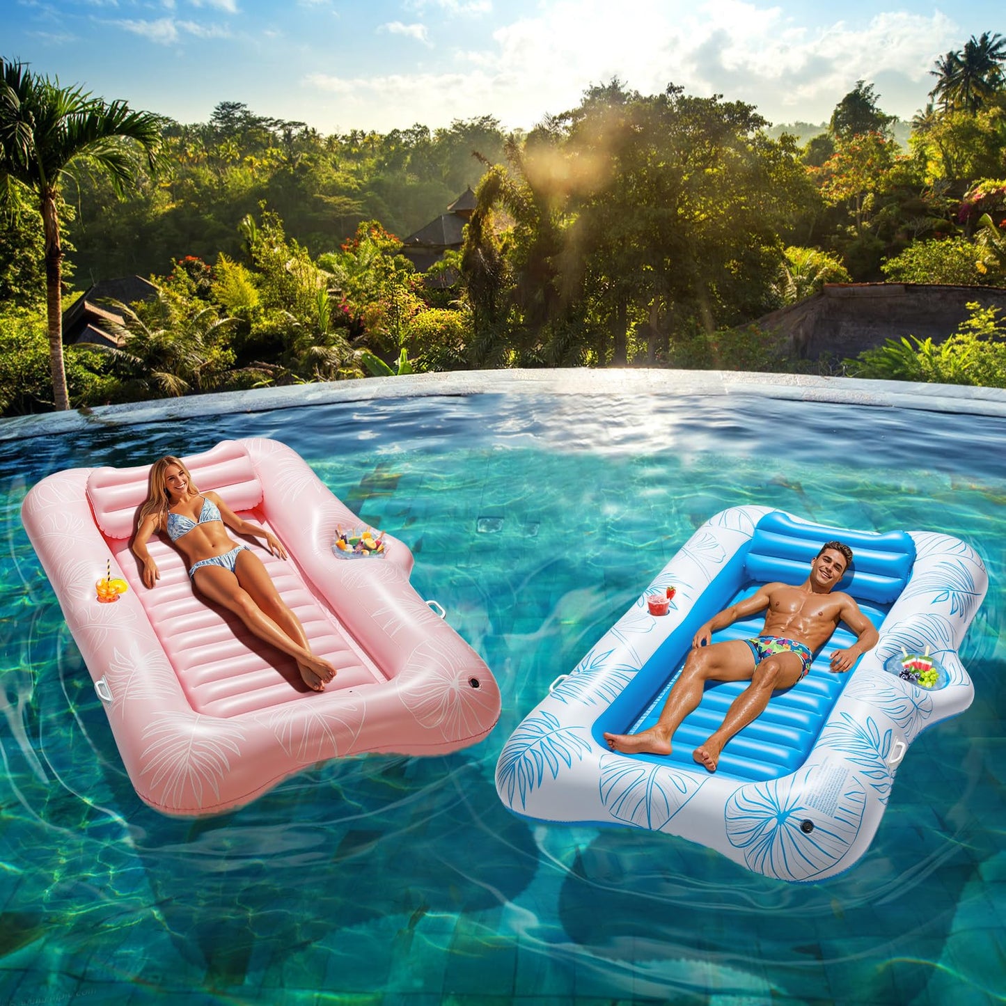 HeySplash Inflatable Pool Float Lounge, Large Inflatable Pool Floats Boat for Adults with Cup Holder & Detachable Pillow, Tanning Pool Lounger Float for Outdoor Lake River Summer Water Party,Pink Leaf