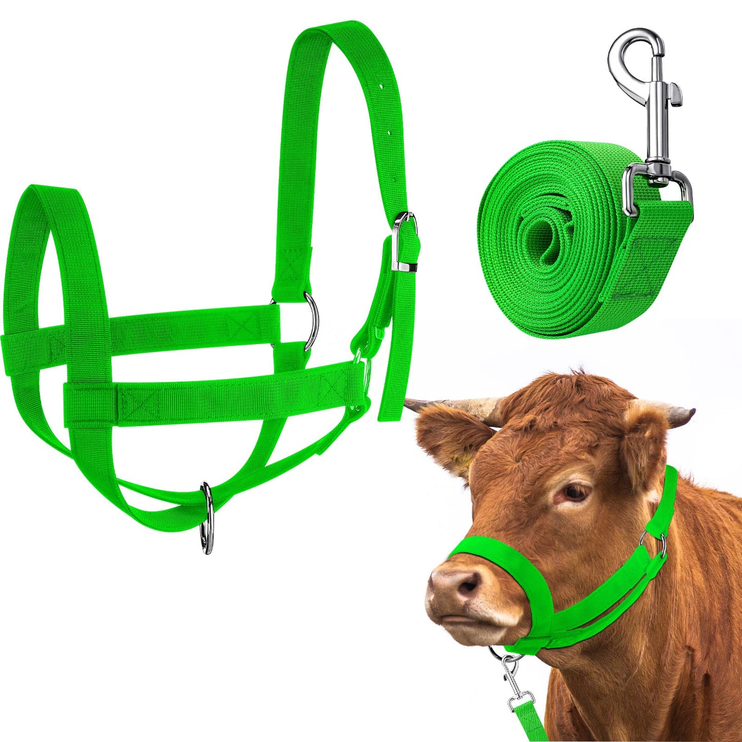 Hillban Cow Halter Cattle Halters Adjustable Calf Halter with Leading Rope for Miniature Horse Donkey Goat Foal Nylon Cattle Training Supplies(Large,Green)