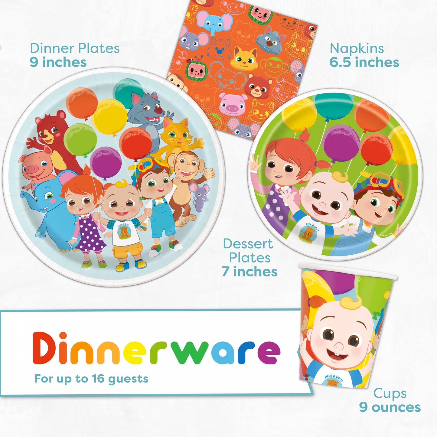 Cocomelon Party Supplies Set | Cocomelon Birthday Party Supplies and Decorations | Serves 16 Guests | With Banner, Table Cover, Plates, Napkins, Cups