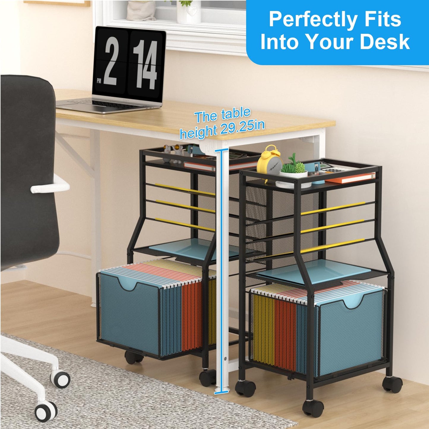 BOHDK Rolling File Cart, 6-Tier Under Desk Organizer on Lockable Wheels, Black Wood Planks & Mesh File Cart with Sliding Drawer and Paper Trays for Office Home School, Black Board