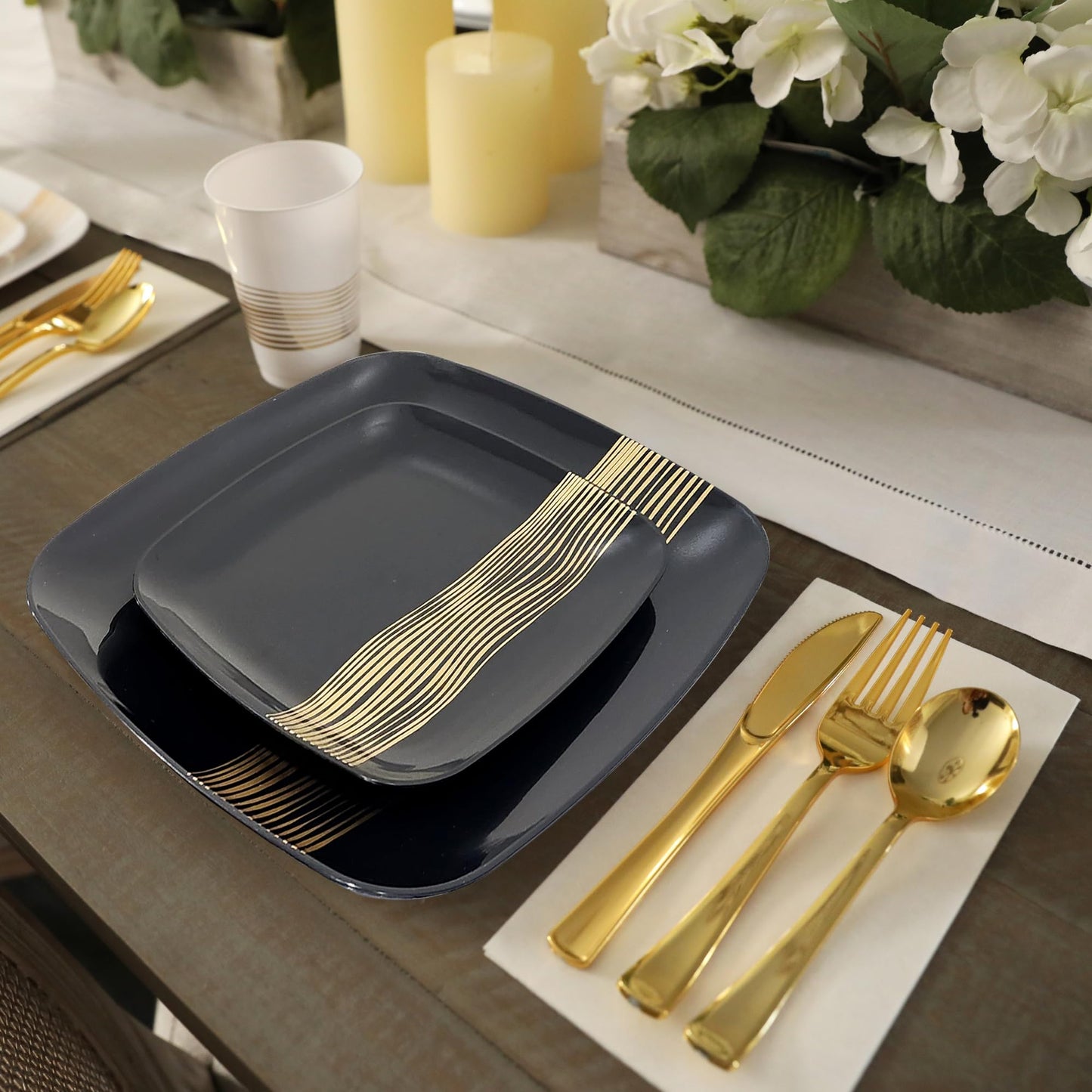 R-kay Black And Gold Plates For Party - 40 Pack - 10.25 Inch And 7.5 Inch - Heavy Duty Disposable Plates