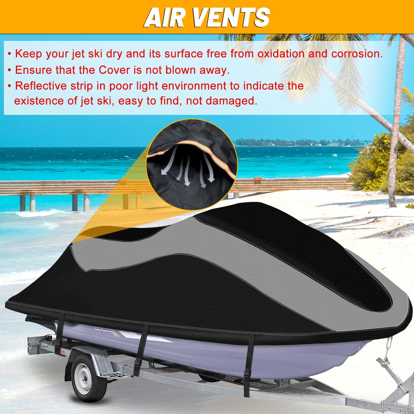 XYZCTEM Trailerable Jet Ski Cover, Waterproof Upgraded Oxford Fabric Personal Watercraft Cover with Reflective Air Vent, Fits Seadoo, Yamaha, GTX, Kawasaki, Honda, Polaris (3 Seater 126" to 135" L)