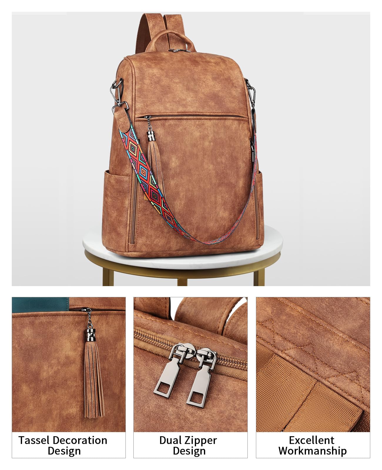 FADEON Leather Laptop Backpack for Women Designer 15.6 inch PU Laptop Bag, Ladies Travel Computer Work Backpack Brown