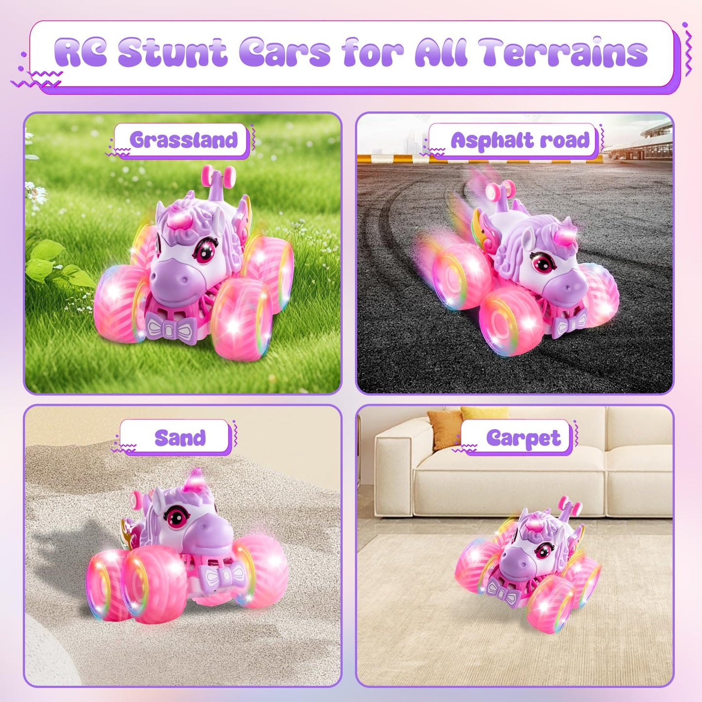 Remote Control Car Unicorn Monster Trucks for Girls 360° Rotating 4WD Stunt RC Cars with LED Lights and Music, 2.4GHz Toy Various Terrain Pink RC Cars Birthday Gifts for Kids Girl Age 3-10 (LY-023)