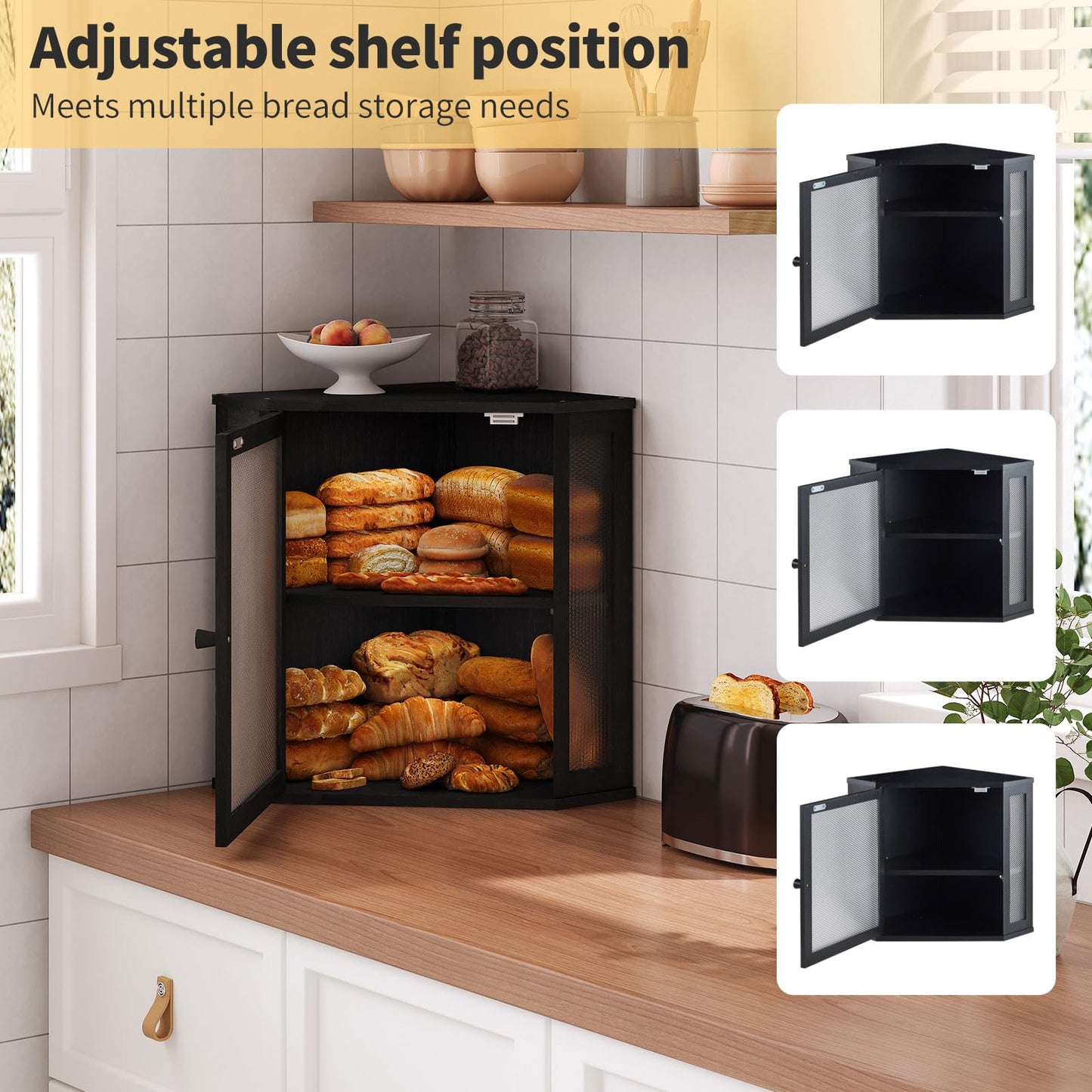 Furshus Corner Bread Box for Kitchen Countertop,Bread Storage for Homemade Bread, Double Layer Large Bamboo Kitchen Storage Bin with Window (Black, Large)