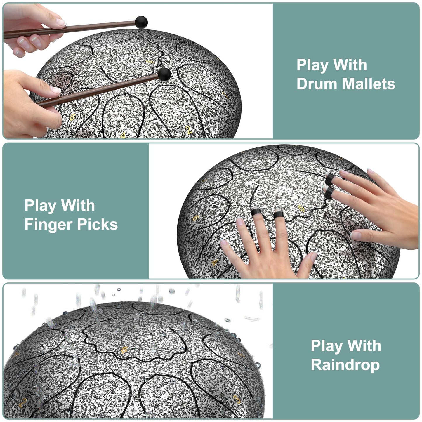 Rain Drum for Outside Garden, 8 Inches 11 Notes Steel Tongue Drum, Waterproof Meditation Rain Chime, Musical Instruments for Adult Gift with Bag, Music Book, Mallets (Star Sliver)