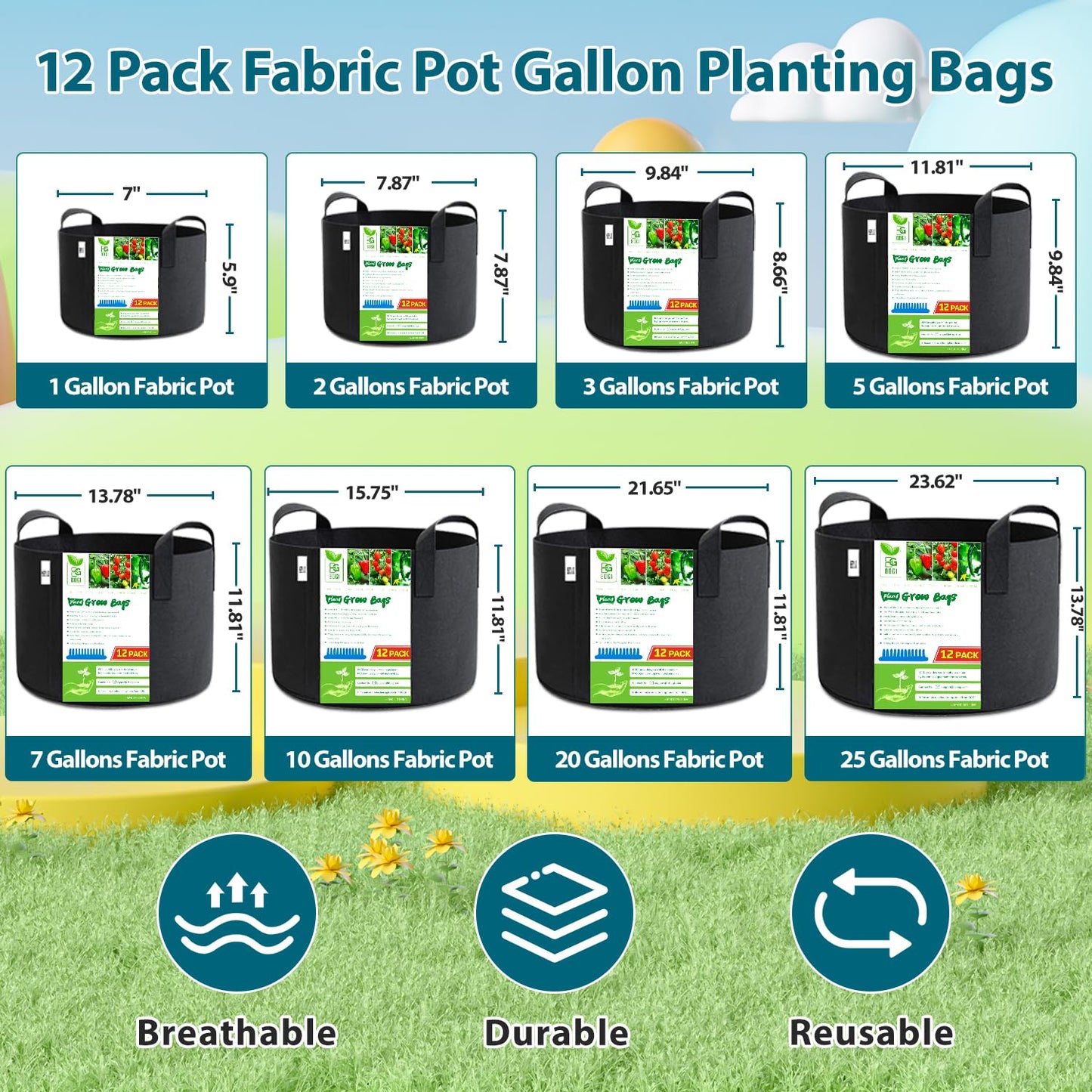 BOGI Grow Bags 12 Pack 25 Gallon Grow Bags Heavy Duty Thickened Nonwoven Grow Bag with Durable Habdles Fabric Pot for Vegetable Flower Potato Garlic Indoor Outdoor Plants + 12 Waterproof Plant Labels