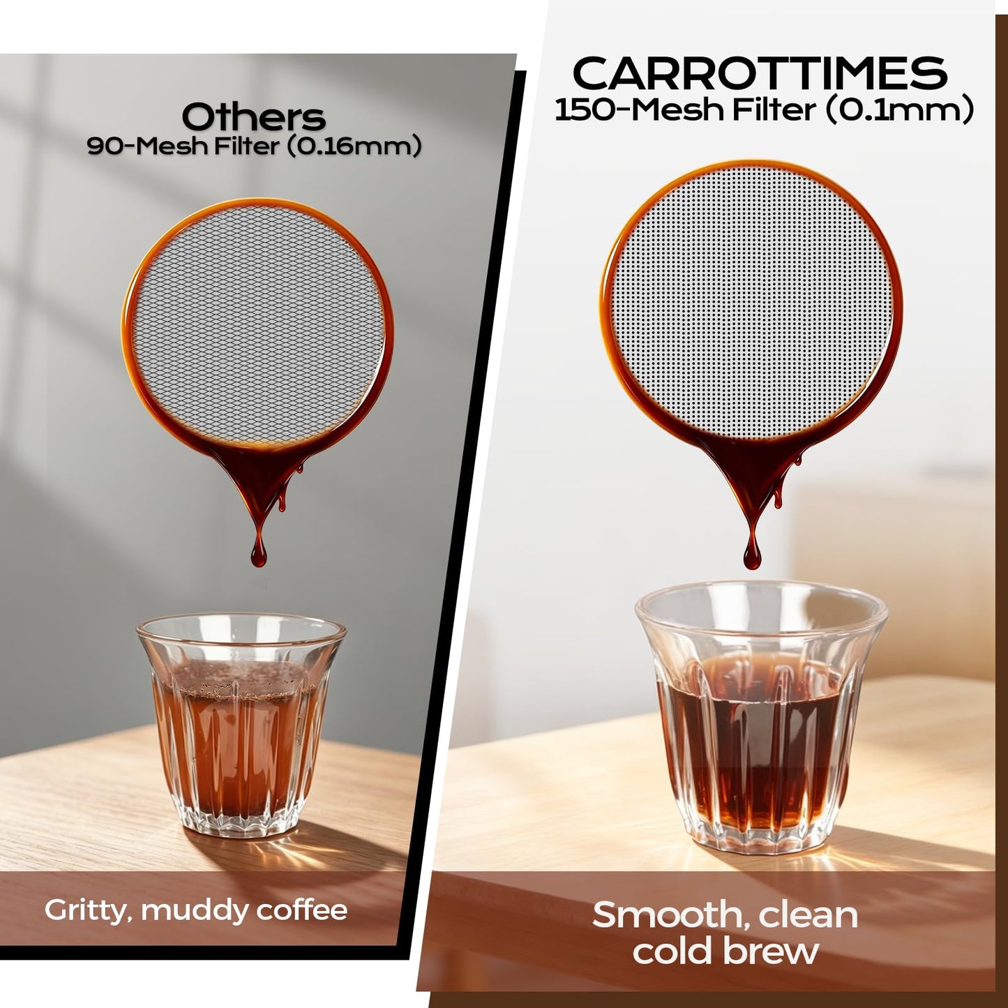 CARROTTIMES Cold Brew Coffee Maker 1.4L/48oz with Handle, Extended Stainless Steel Filter for Deep Extraction, Iced Tea Pitcher with Non-Slip Base Includes Cleaning Brush & Long Stirring Spoon