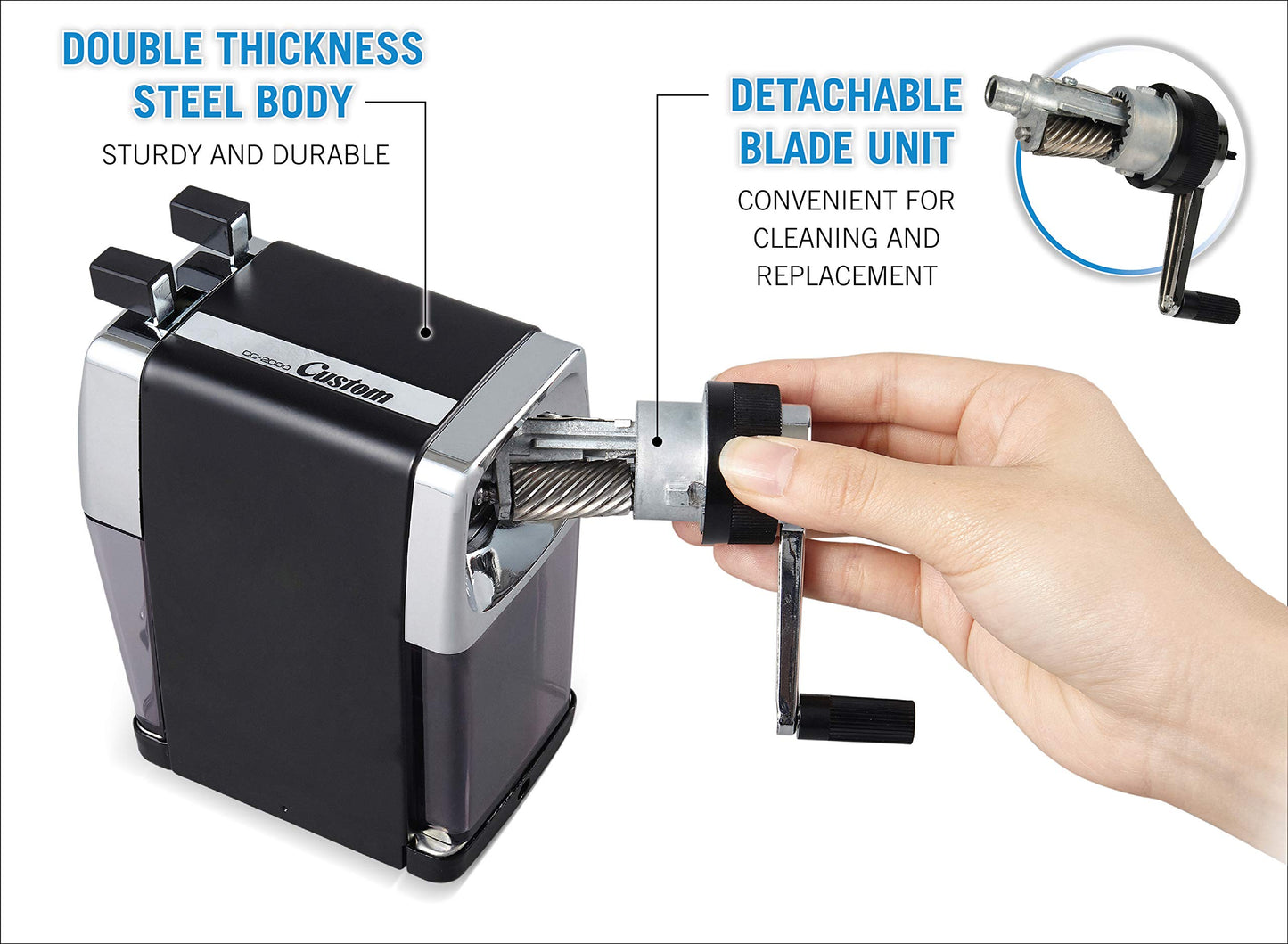 Carl Pencil Sharpener, CC-2000, Black, 5-Point Selector. Manual, Quiet for Office and Home Desks, School Classroom, CUI19018
