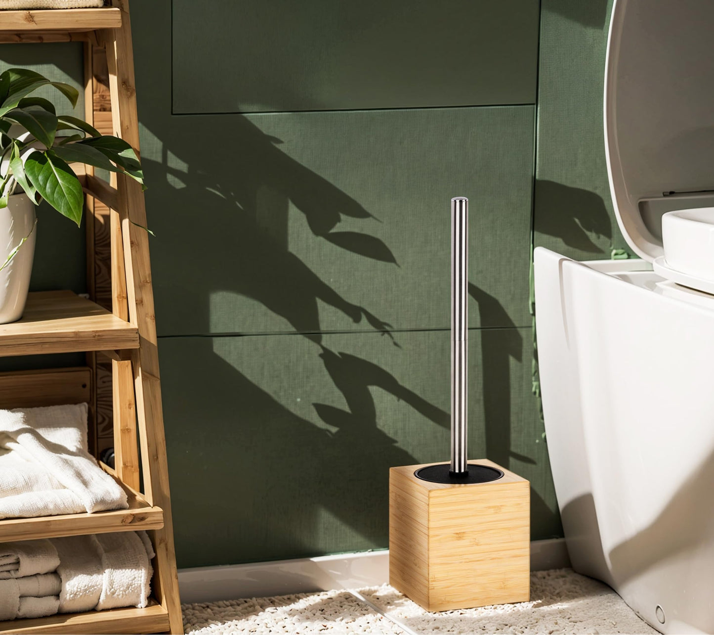 Clasin Home Toilet Bowl Brush Holder with Bamboo and Stainless Steel for Durable Use, Toilet Scrubber Brush with Long Handle for Easy Deep Cleaning, Compact Hidden Bathroom Toilet Cleaner Brush Set