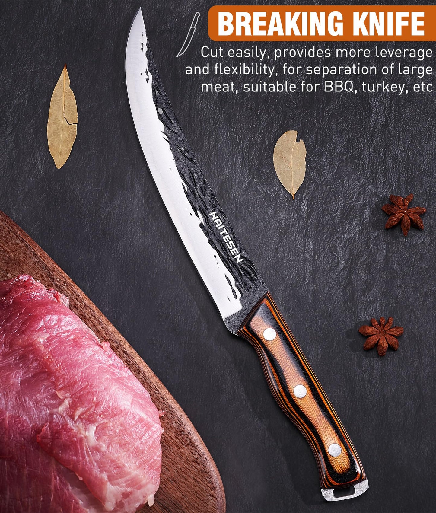Naitesen 4PCS Hand Forged Butcher Knife Set, Heavy Duty Meat Cleaver Serbian Kitchen Chef Knife Breaking Knife Boning Knife for Meat Cutting Home Kitchen Cooking Camping BBQ