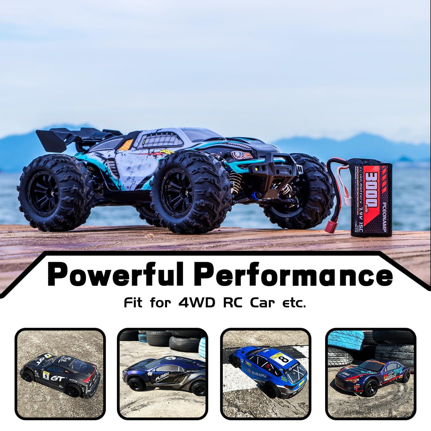 PCEONAMP 7.4V Li-ion Battery 3000mAh 2S with Deans T Plug Rechargeable High Capacity RC Battery Fit for WLtoys 4WD High Speed RC Cars and Most 1/10, 1/12, 1/16 Scale RC Cars Trucks with 2 USB Charger