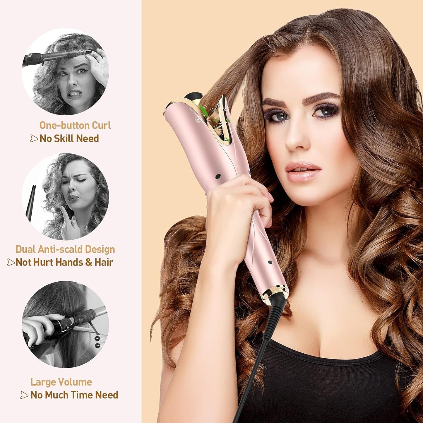 Automatic Curling Iron 1 Inch, Smart Anti-Tangle Automatic Hair Curler with 3 Temperature to 430°F, Ceramic Curling Wand, 500 Million Ionic, Dual Voltage Rotating Curling Iron for Travel, Pink