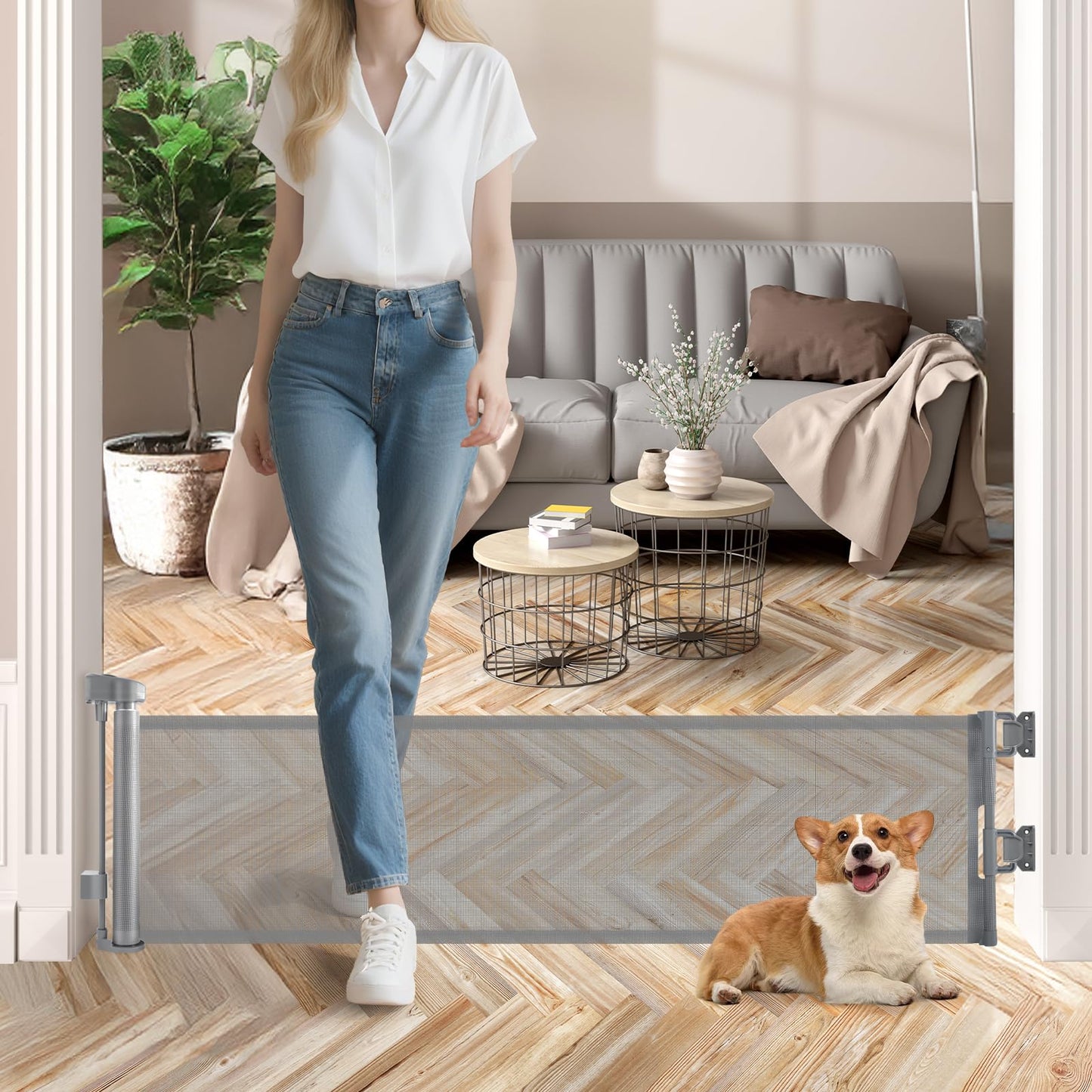 Crazydeer 14" Tall Short Dog Gate to Step Over, Retractable Mesh Pet Door for Small Puppy, Extended up to 55" Wide for Indoor Stairs Doorways and Hallway - Grey