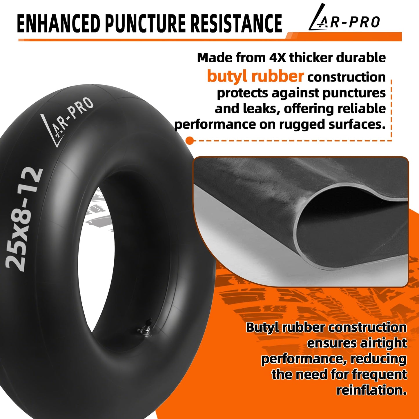 AR-PRO Heavy-Duty 25x8-12 Inner Tubes Universal 25x9-12, 25x10-12 for ATV/UTV, Lawn Tractor, Golf Cart, Snow Blowers, and More - With TR6 Metal Valve Stems - Made from Durable Butyl Rubber (2-Pack)