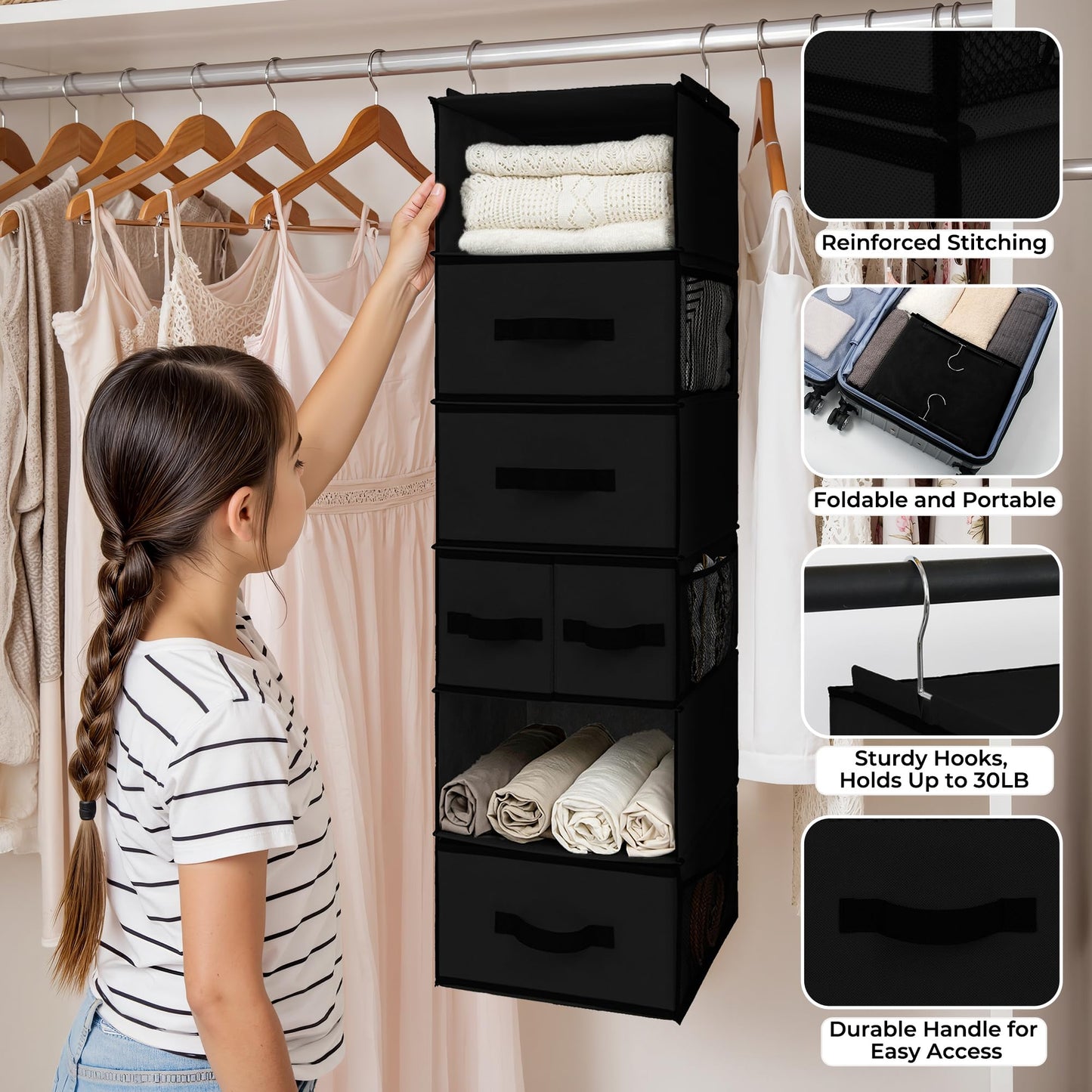 GRANNY SAYS Hanging Closet Organizer with Drawers, Rangement Garde Robe, Hanging Storage Organizer, Closet Organizers and Storage for Clothes, 1-Pack, 31 x 35 x 108.4cm, 6-Shelf, Black