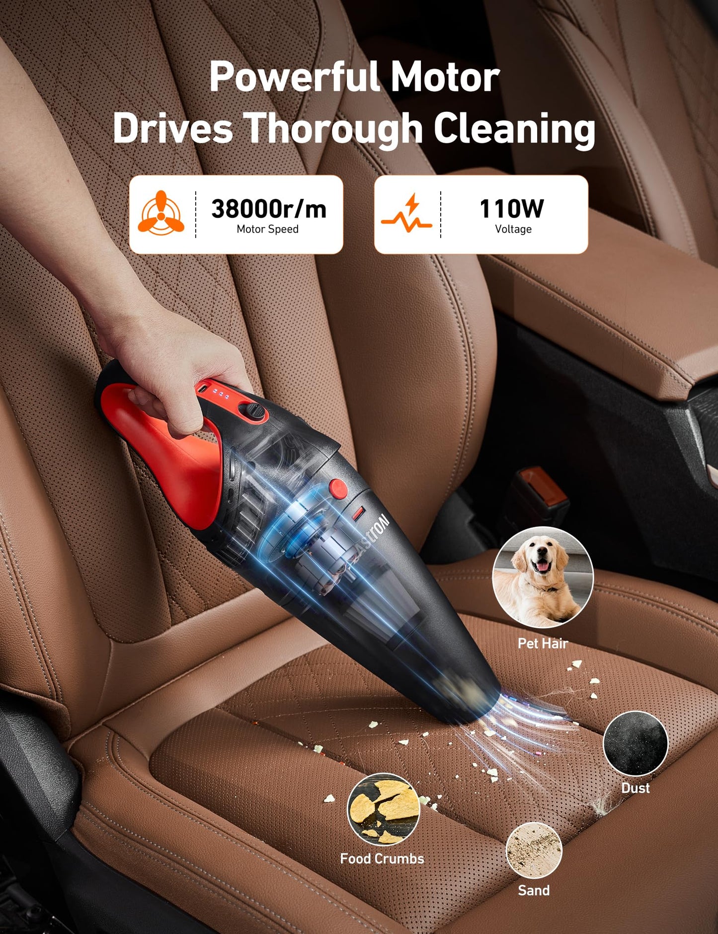 AstroAI Car Vacuum Cleaner Cordless, Handheld Vacuum with 6000mAh & 12V DC, LED Light, Brush, Extended Nozzle, Hose, Rechargeable Hand Held Vacuum for Car, Home, Office & Pet Cleaning