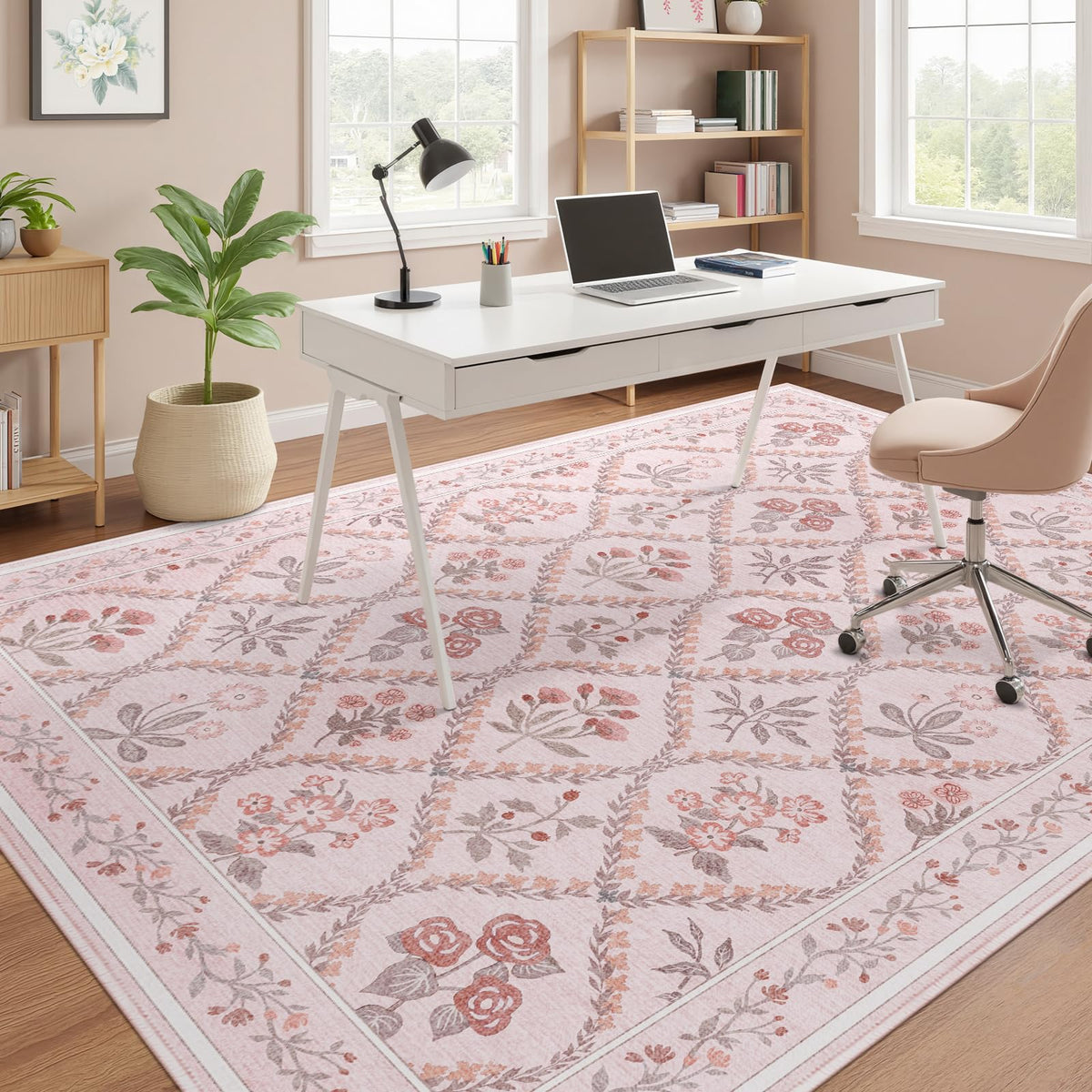 Dadasgk Area Rug 5x7 Washable Rugs for Living Room, Pink Boho Floral Rugs for Bedroom Nursery Girls, Soft Non-Slip Low-Pile Large Carpet for Kids Room Playroom Dorm Dining Room, Light Pink Cute