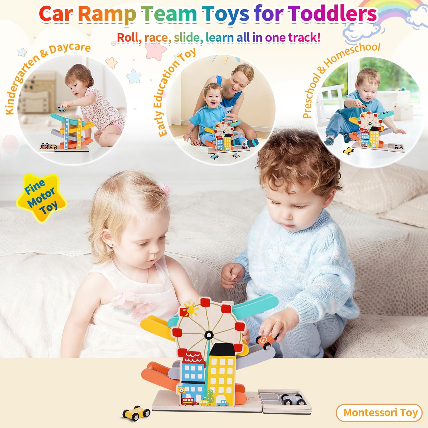FCSONU Toddlers Montessori Toys for 1 2 Year Old Boys Girls, Wooden Car Ramps Race Track Set with 4 Mini Cars & 4 Car Tracks & Garage, Christmas & 1st Birthday Gifts for Boys Girls Baby Kids 1-3-2-4