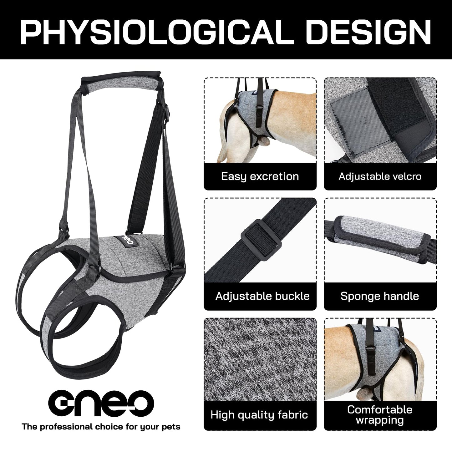 Cneo Dog Life Harness, Dog Sling for Small Medium Large Dogs, Dog Rear Support Harness for Back Legs, Adjustable Soft Padded Pet Harness for Olderly, Injured, Arthritic, Disabled Dogs (L)