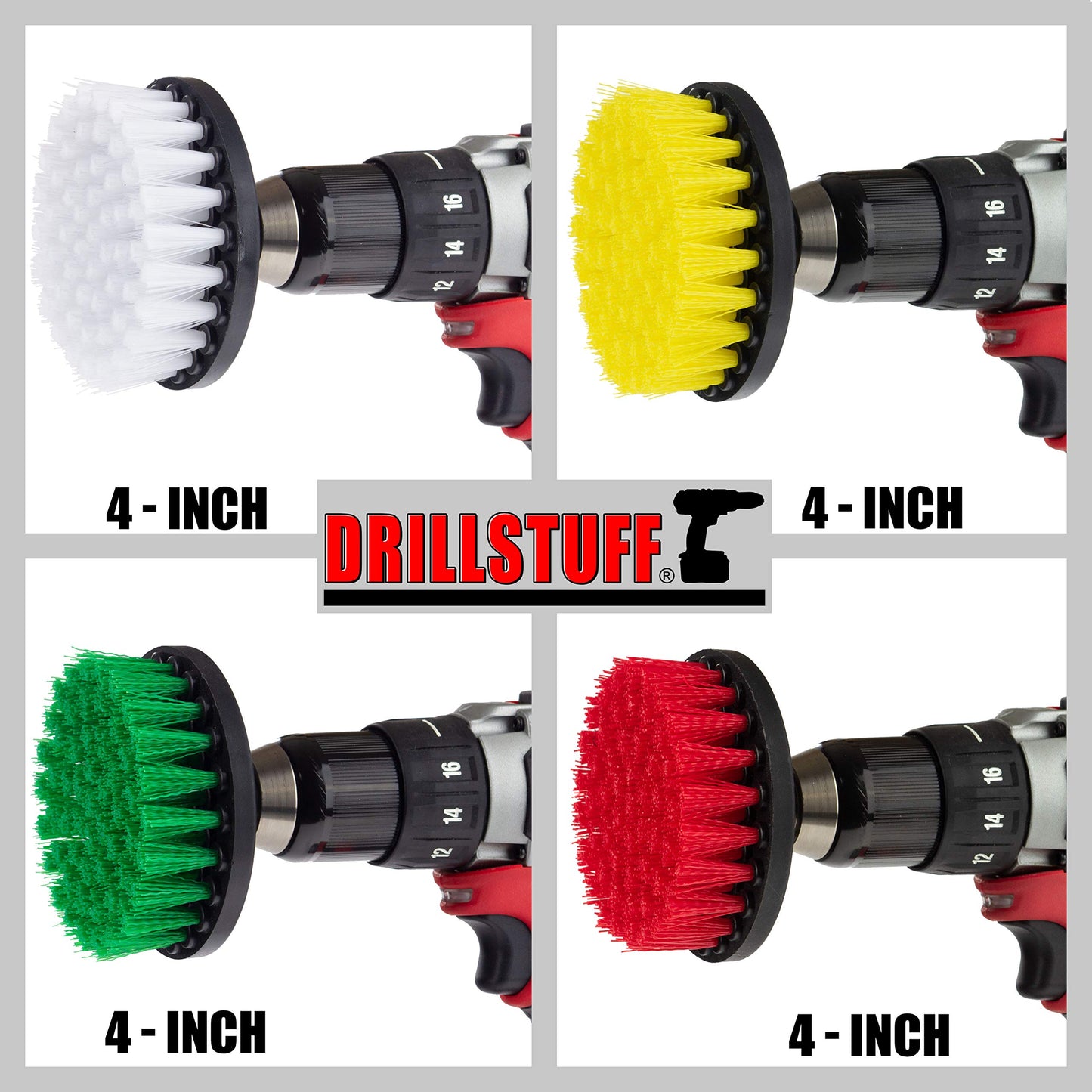 4in 4 Piece Soft, Medium and Stiff Power Scrubbing Brush Drill Attachment for Cleaning Showers, Tubs, Bathrooms, Tile, Grout, Carpet, Tires, Boats by DrillStuff