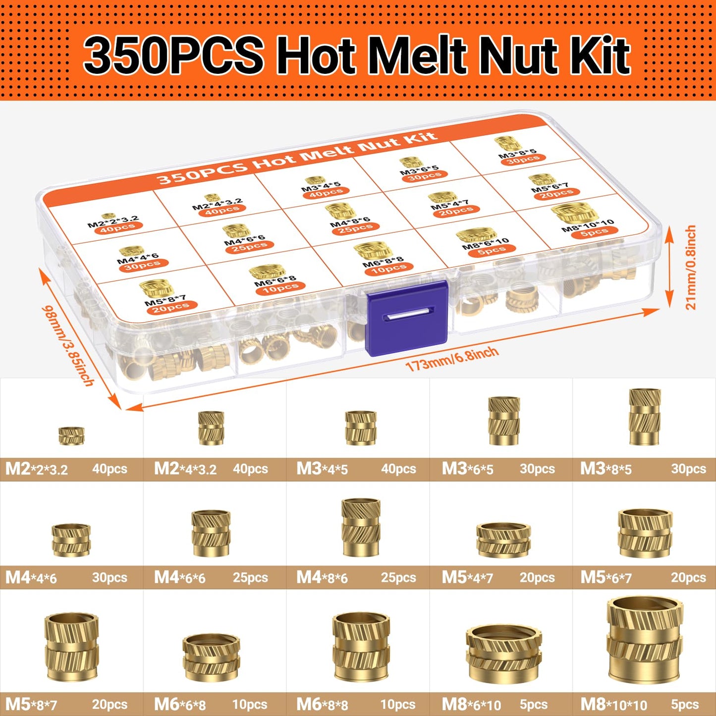 Preciva Heat-Set Insert Tip Set - Soldering Iron with 350Pcs Thread Inserts, 6Pcs Heat-Set Insert Tips (M2 M3 M4 M5 M6 M8), 2Pcs Soldering Tip Connecting Rods and 1Pc Tweezers
