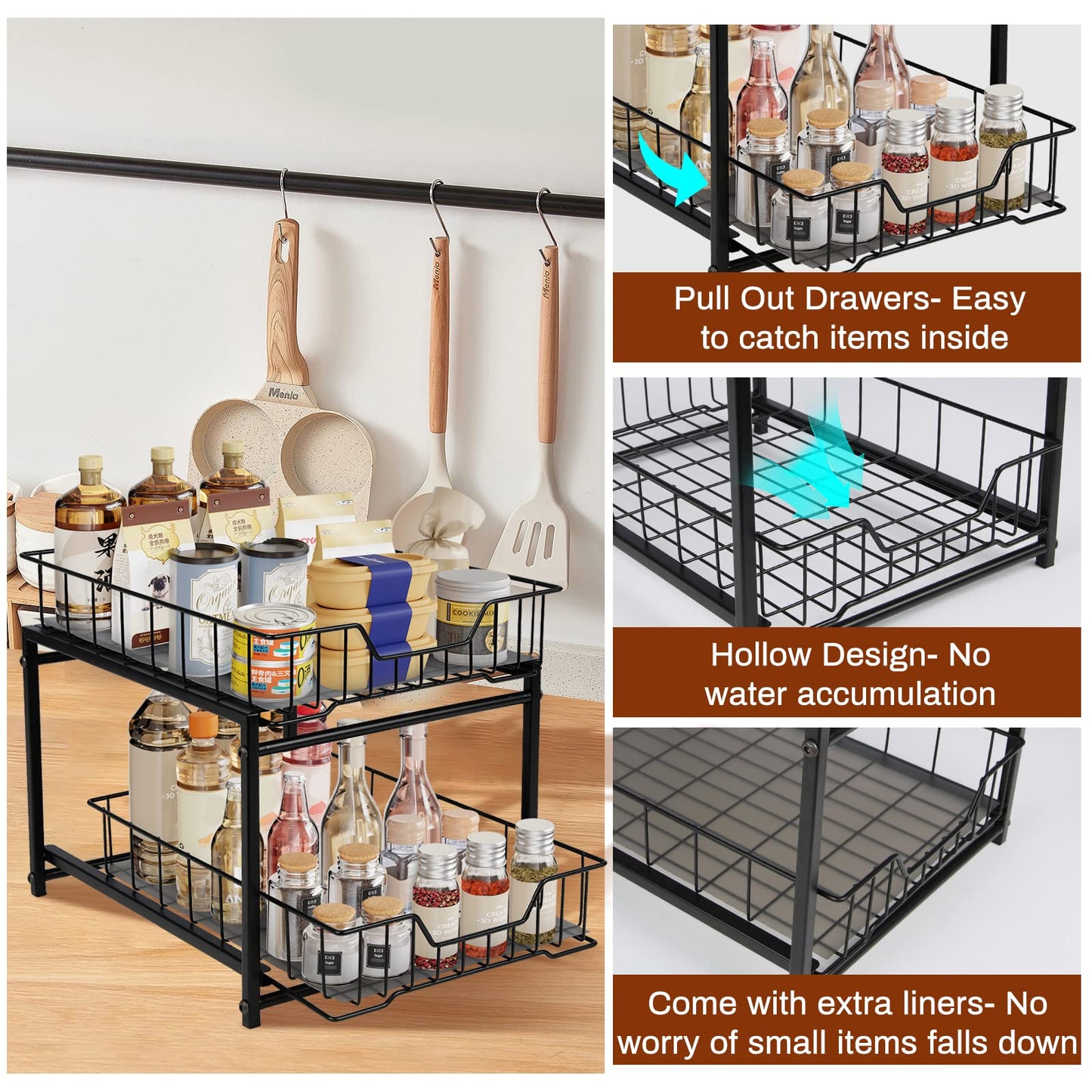 Under Sink Organizer 2 Tier Pull Out Under Sink Organizers, Rustproof Under Cabinet Organizer, Multipurpose Sliding Drawer Pull Out Shelf Organizer for Kitchen Bathroom Cabinet