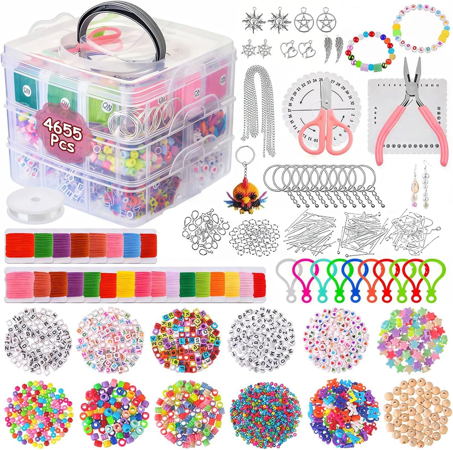 Kollsvein Girls Toys Bracelet Making Kit with 3-Tier Storage Box, Charm Beads Jewelry Making Kit Supplies, DIY Crafts Keychain Earrings Necklaces Birthday Gifts for Teen Girls Ages 6 7 8 9 10 11 12 Years Old